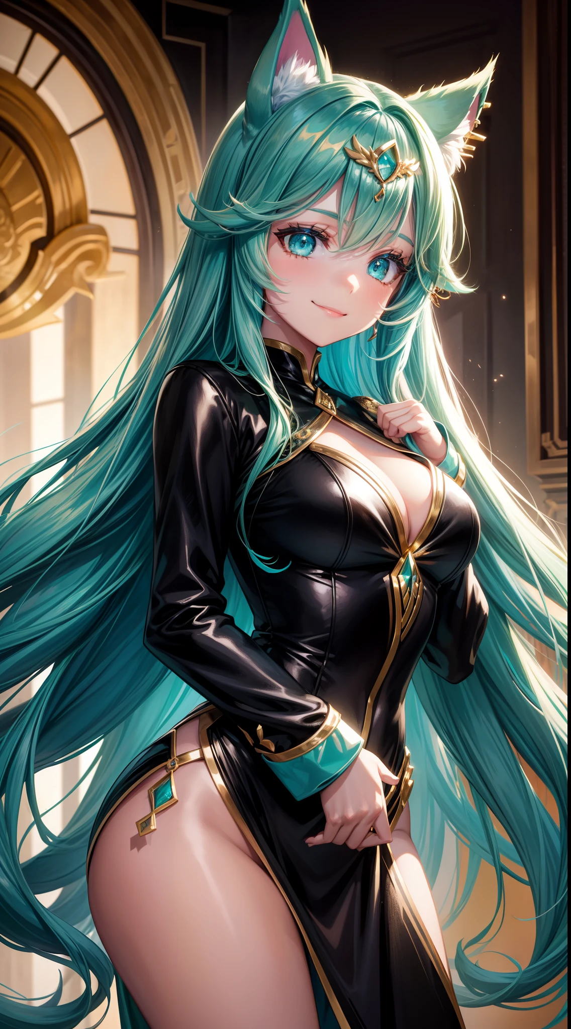 Young girl, long turquoise hair, cat ears, turquoise eyes, smile, black jacket, green tight dress, diadem, gold elements, She-Ra, Masterpiece, hiquality, 4k, HD, Good detail