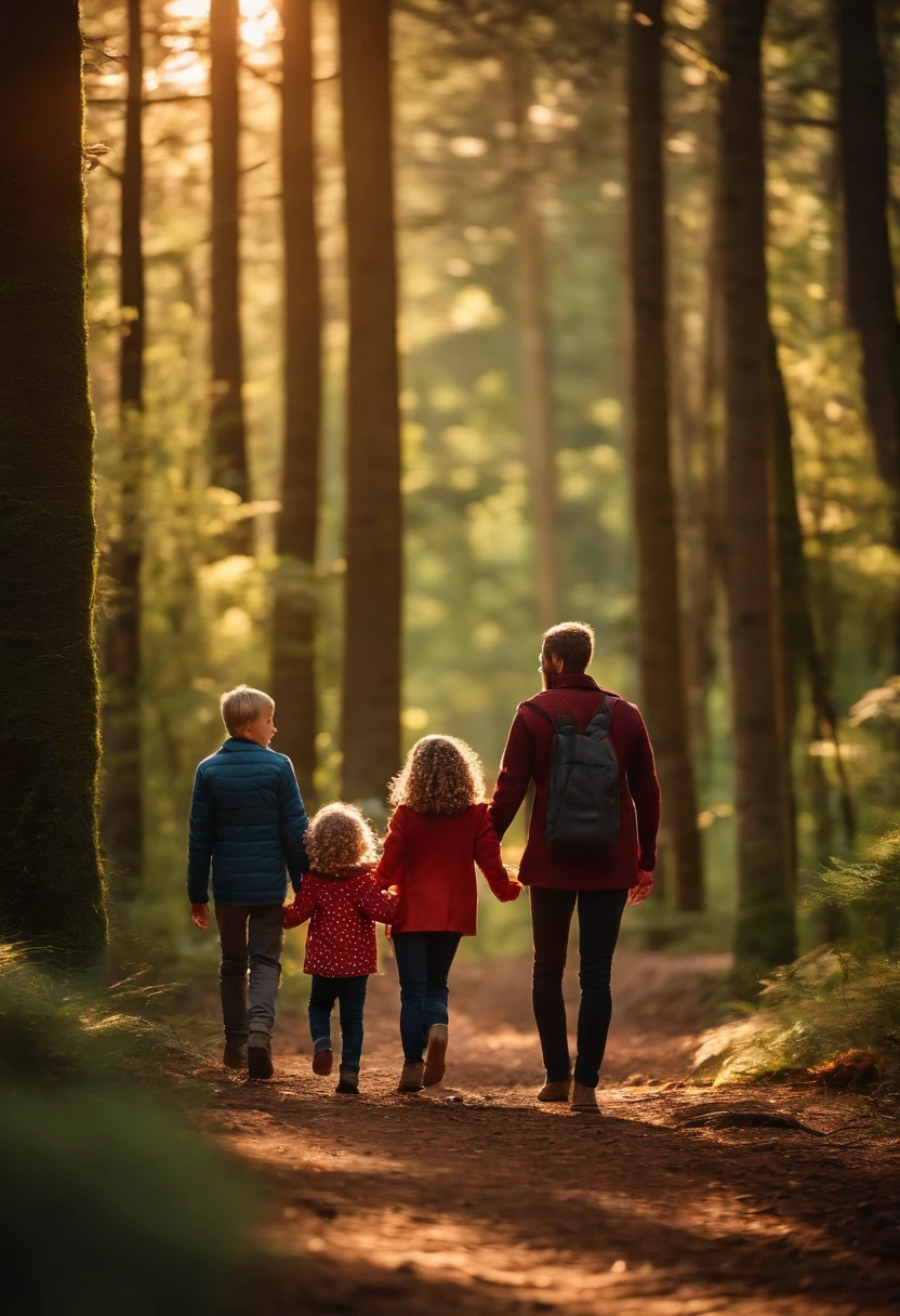 A boy and a girl with Mom strolling in the woods