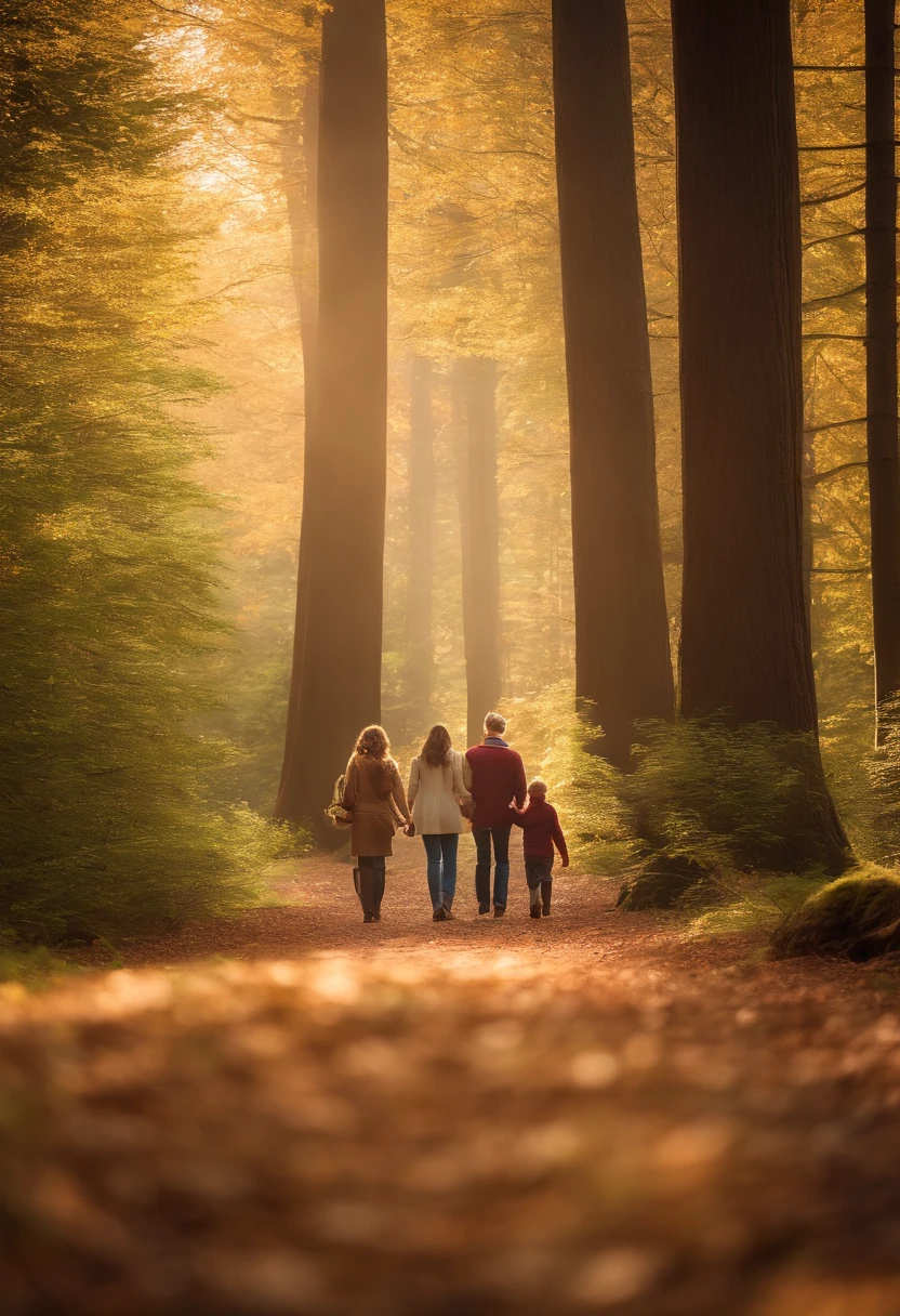 Golden autumn foliage, park setting, leaf-covered pathway, distant couple walking hand-in-hand, soft sunlight filtering through the trees, Canon EOS 5D Mark IV, 85mm lens, f/2.8, warm tones, slight haze --ar 4:5 --v 5.2 --q 2