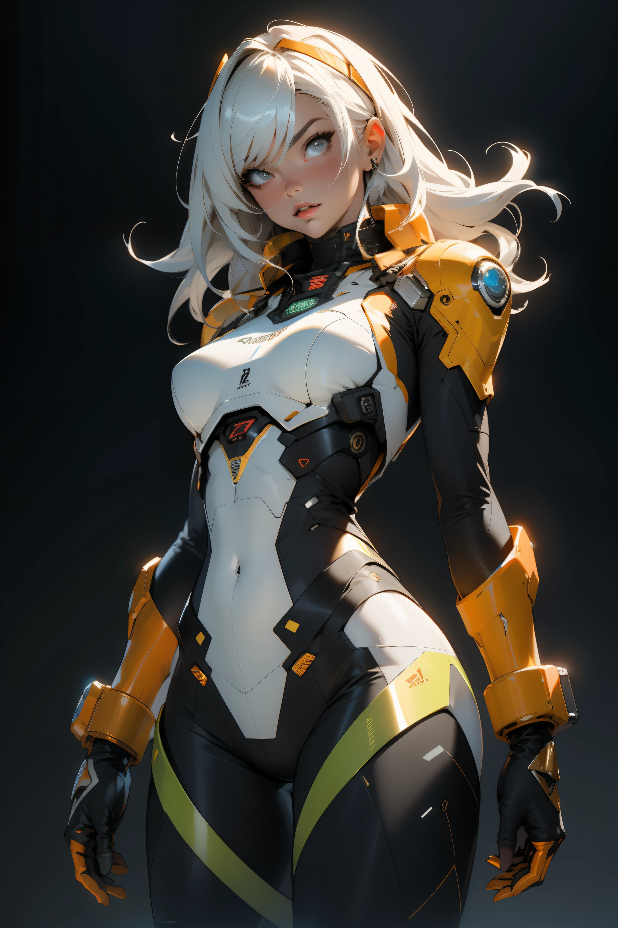 ((Best quality)), ((masterpiece)), (detailed: 1.4), (Nonsense), Caucasian woman fighter pilot ready for war, perfect body, Trinity hair from The Matrix, defined muscles, bare half-thick thighs, closed mouth, only in panties, include stars in clothing, muscular body covered by technological clothing, Neon Genesis Evangelion style, cyberpunk, generous neckline, ((perfect large breasts)), (blue eyes without pupils), ((70% yellow clothing)), (((super short blonde straight hair)))), (thin stripes covering breasts), (Psychedelic tattoo on arms), ((drawings of a devil on arms)), Australia, short underwear, garter belt, by mucha, niji --V5, close to real, psychopath, crazy face, sexy pose, background with a giant Gundam style robot head, 2 piece clothing, shoulder pads with airplane wings, pastel, centered, scale to fit dimensions, HDR (High Dynamic Range),Ray Tracing,NVIDIA RTX,Super-Resolution,Unreal 5,Subsurface dispersion, PBR texture, Post-processing, Anisotropic filtering, Depth of field, Maximum clarity and sharpness, Multilayer textures, Albedo and specular maps, Surface shading, Accurate simulation of light-material interaction, Perfect proportions, Octane Render, Two-tone lighting, Wide aperture, Low ISO, White balance, Rule of thirds, 8K RAW, crysisnanosuit