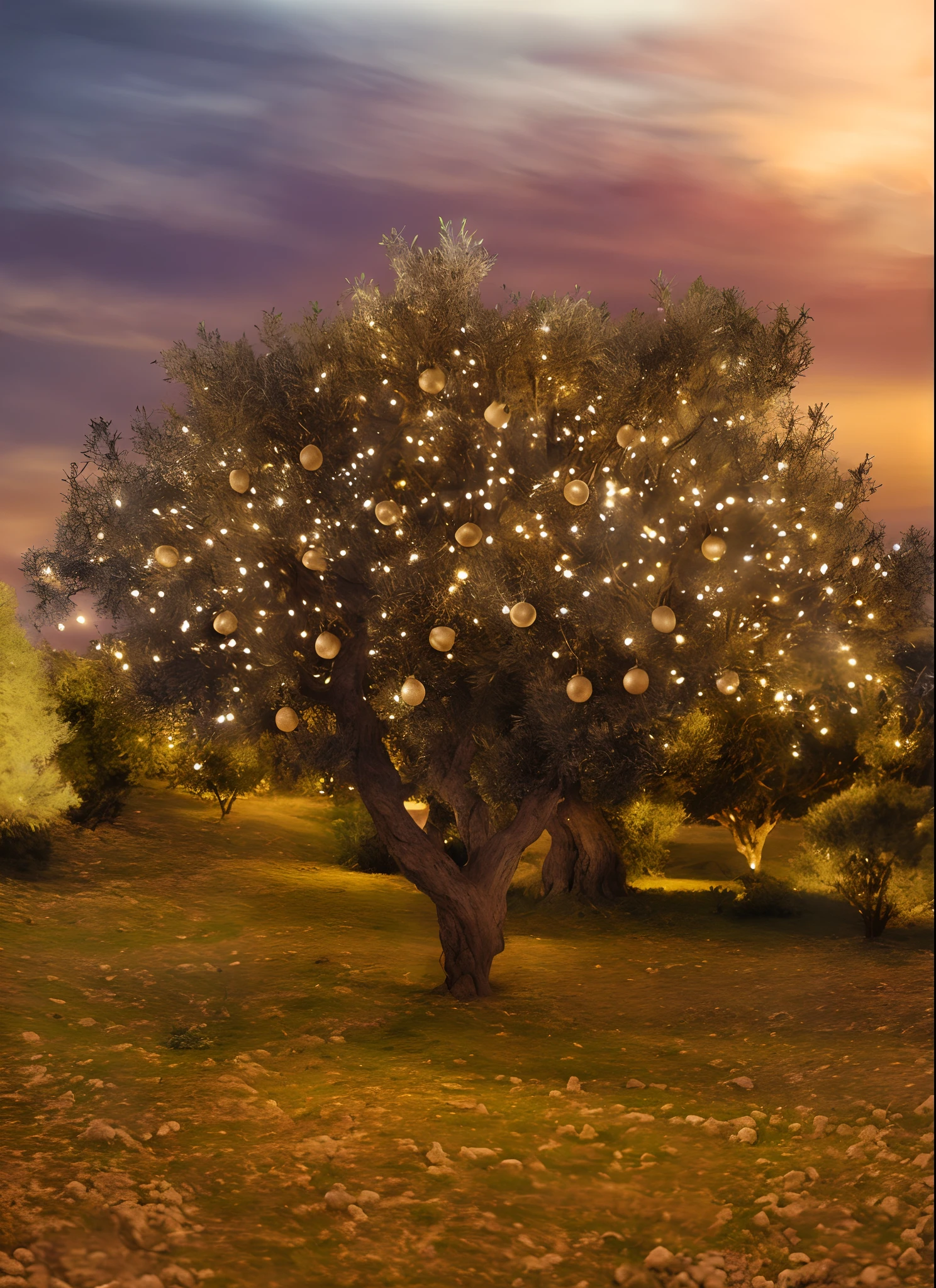Olive tree, magic tree, magical scene, a beautiful tree, golden sacred tree, Oliveiras, bolas de natal luminosas, luminous illumination at sunset, hiper-realismo, luzes com flor, the tree of life, lightening tree, bright grass under the tree, fantasy tree, Photographic hyperrealism