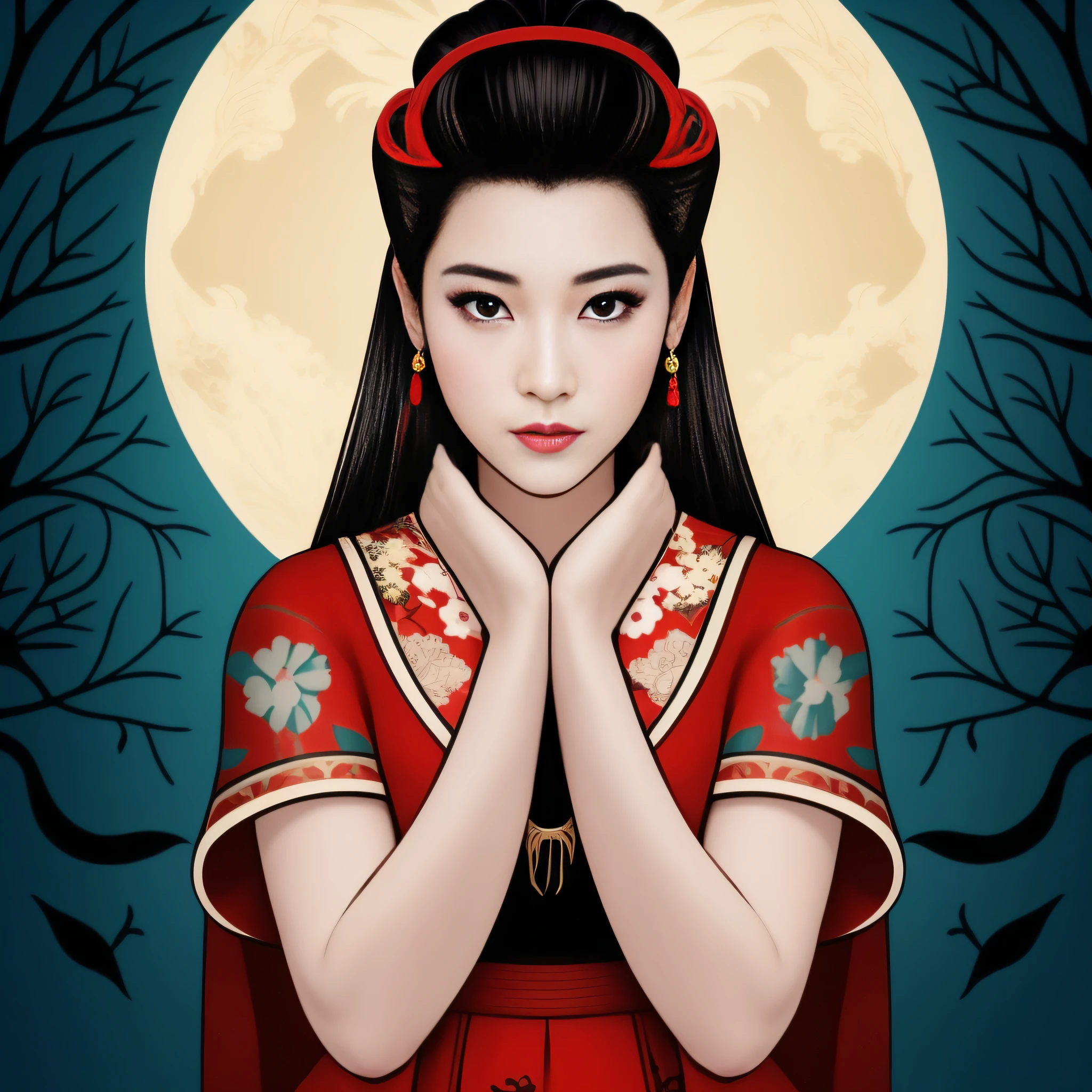 Mulher em um vestido com uma lua cheia no fundo, Deusa japonesa, Imperatriz chinesa, uma bela imperatriz fantasia, Retrato de uma gueixa bonita, Princesa chinesa antiga, Deusa chinesa antiga, Gueixa da beleza, Princesa chinesa, Retrato de Mulan, uma bela mulher kitsune, female geisha girl, in illustration style digital.