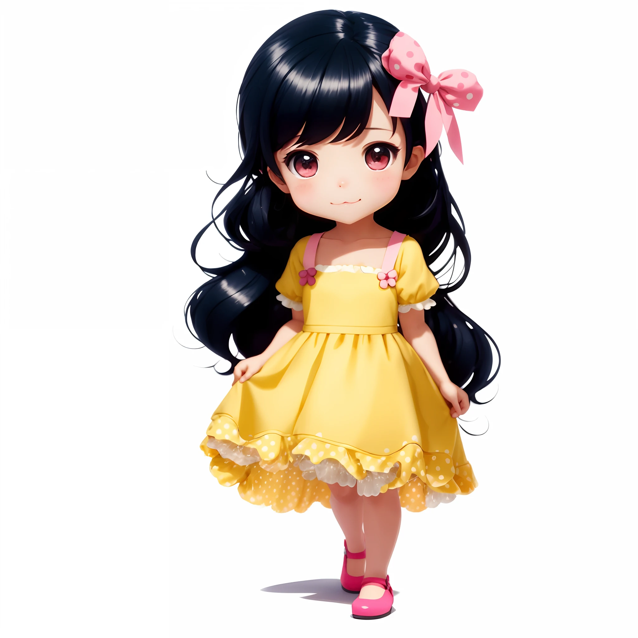 Cartoon girl in yellow dress with pink bow and polka dots, retrato da menina anime bonito, menina anime bonito, estilo de arte bonito, menina kawaii bonito, Cute anime waifu in a nice dress, menina anime jovem, arte digital bonito, menina chibi, personagem bonito dos desenhos animados, Chibi Anime Menina, render de uma menina anime 3d bonito, arte digital detalhada bonito, menina com cabelo preto
