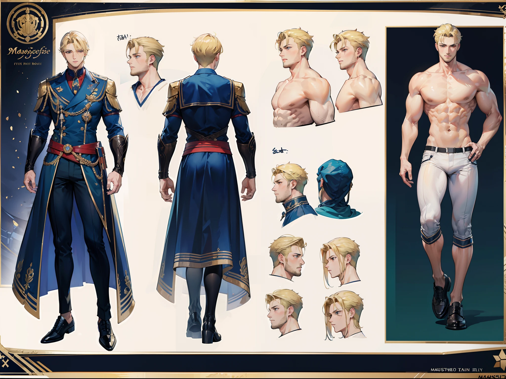 ((Masterpiece, Highest quality)), Detailed face, character design sheet, full bodyesbian, Full of details, frontal body view, back body view, Highly detailed, Depth, Many parts, Muscle boy with blonde hair,handsome man, navy, commander, man tall