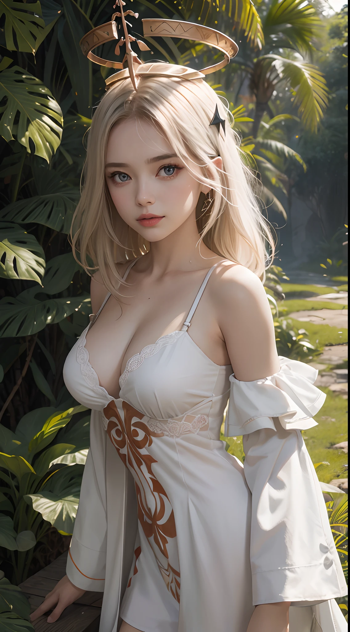 one-girl，Off-the-shoulder attire，The shoulder straps slip off，camisole，the original god，Paimon，Be red in the face，Close-up shot，sportrait，looks into camera，ssmile，White clothes，mediuml breasts，jungles，grassy fields，
