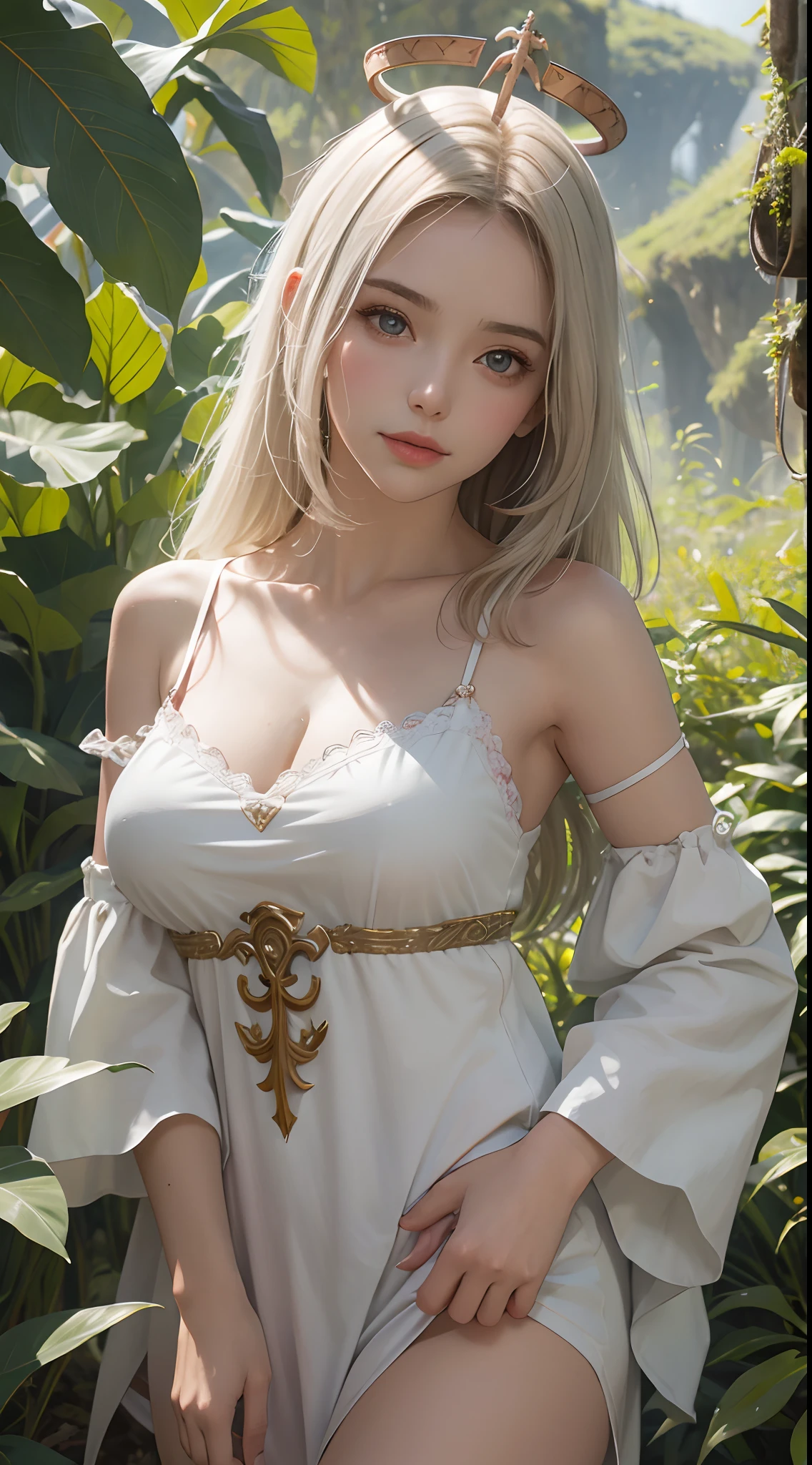 one-girl，Off-the-shoulder attire，The shoulder straps slip off，camisole，the original god，Paimon，Be red in the face，Close-up shot，sportrait，looks into camera，ssmile，White clothes，mediuml breasts，jungles，grassy fields，