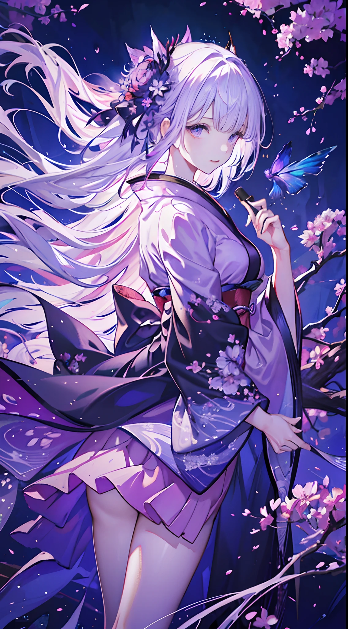 Best Quality, masutepiece, Ultra-detailed, hight resolution,retinas, Perfect, 4K, Digital Painting, beautiful Girl, Solo, Elegant, Wearing a kimono with purple details, Long gray hair fluttering in the wind, Beautiful purple eyes that shine, Stand in front of a majestic temple, Set on night background, Cherry trees in full bloom surrounding her, Gently falling petals, creating a magical atmosphere, Girl Chanting Wind Magic, With swirling gusts of wind and glowing particles, Intricate details of temple architecture, Exquisite pattern of kimono, Vivid colors contrasting with the darkness of the night, Photos that capture all the fine brush strokes and delicate textures.