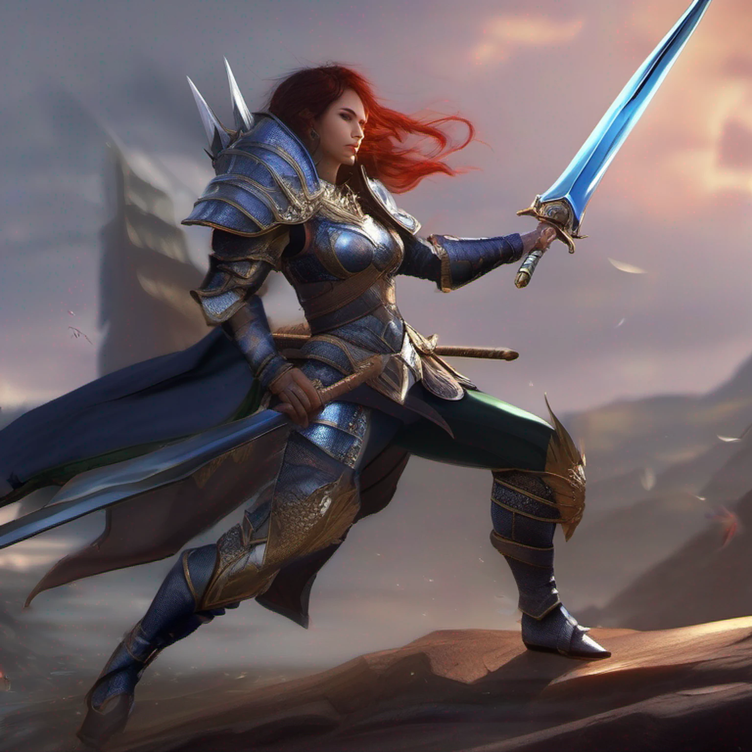 dragolich female character two swords fantasy armor full body fighter queen dragon tamer fantasy action background pose more serious armor real face full body armor