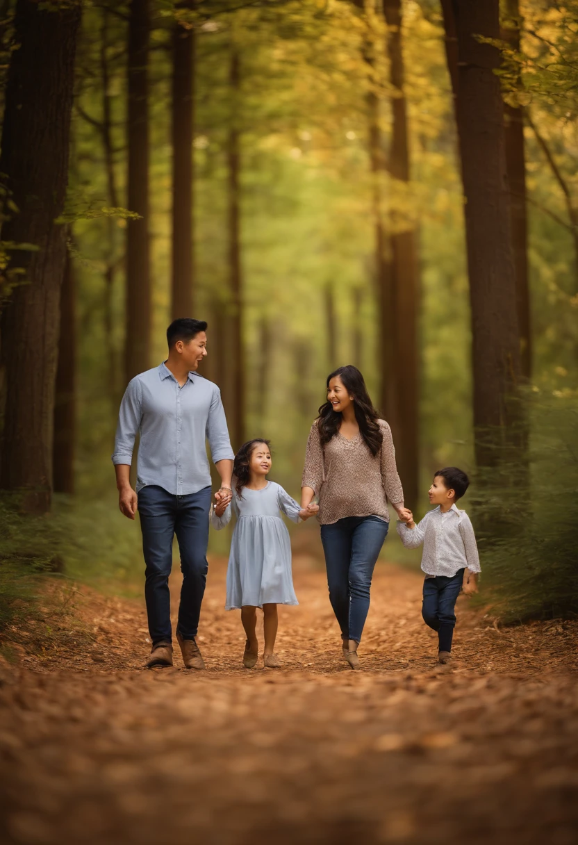 Create a realistic image of a chinese family walking in a forest. Use a Canon EOS R5 camera with a 85mm lens at F 1.2 aperture setting to blur the background and isolate the subjects. The forest should have tall trees and soft sunlight filtering through the leaves to create a natural and peaceful environment. Use a personal portrait style to capture the family’s connection and love for nature. credits to tipseason.com. Use the Midjourney v5 with photorealism mode turned on to create an image that captures the family’s joy and happiness.