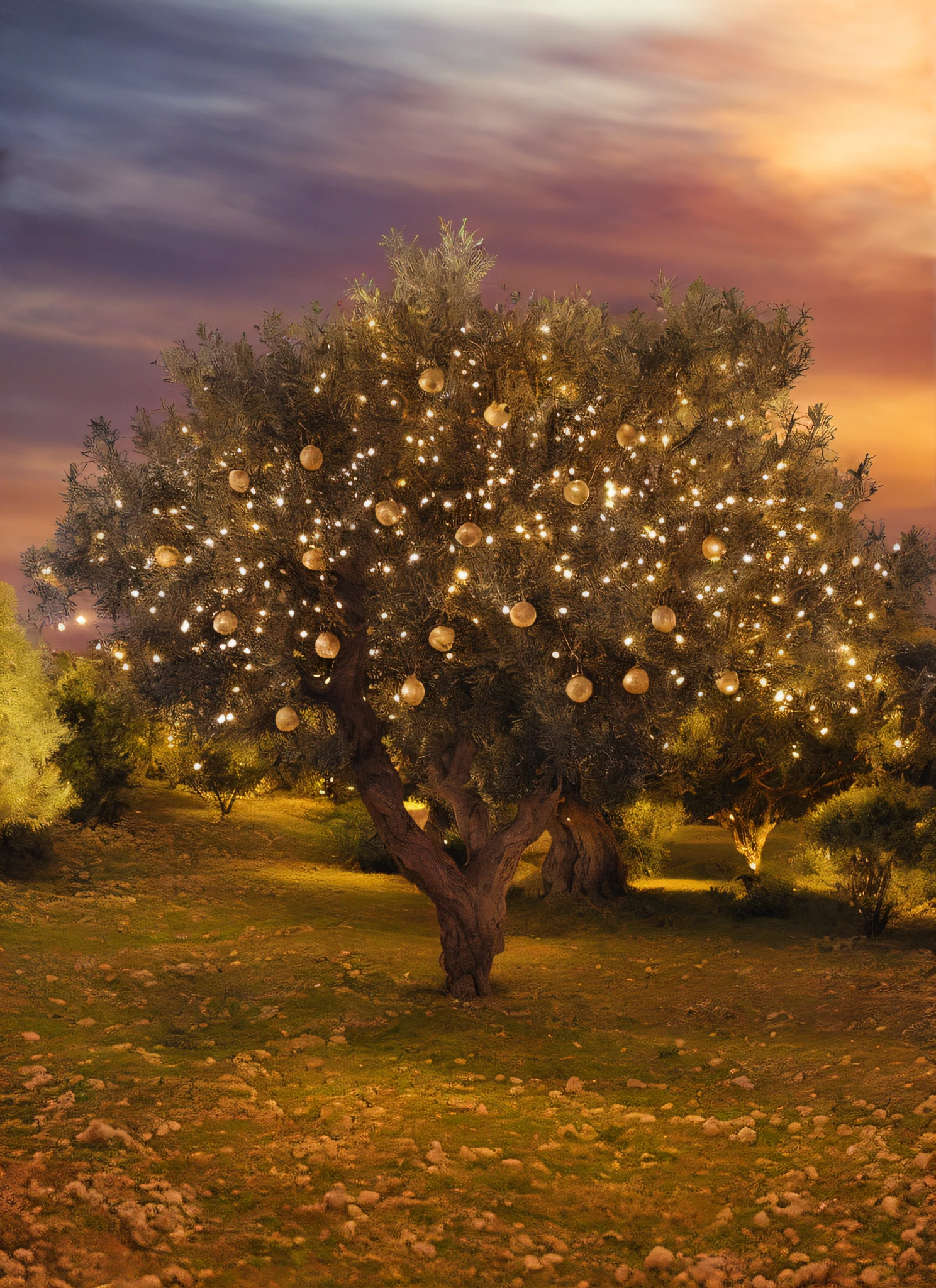 Olive tree, magic tree, magical scene, a beautiful tree, golden sacred tree, Oliveiras, bolas de natal luminosas, luminous illumination at sunset, hiper-realismo, luzes com flor, the tree of life, lightening tree, bright grass under the tree, fantasy tree, Photographic hyperrealism