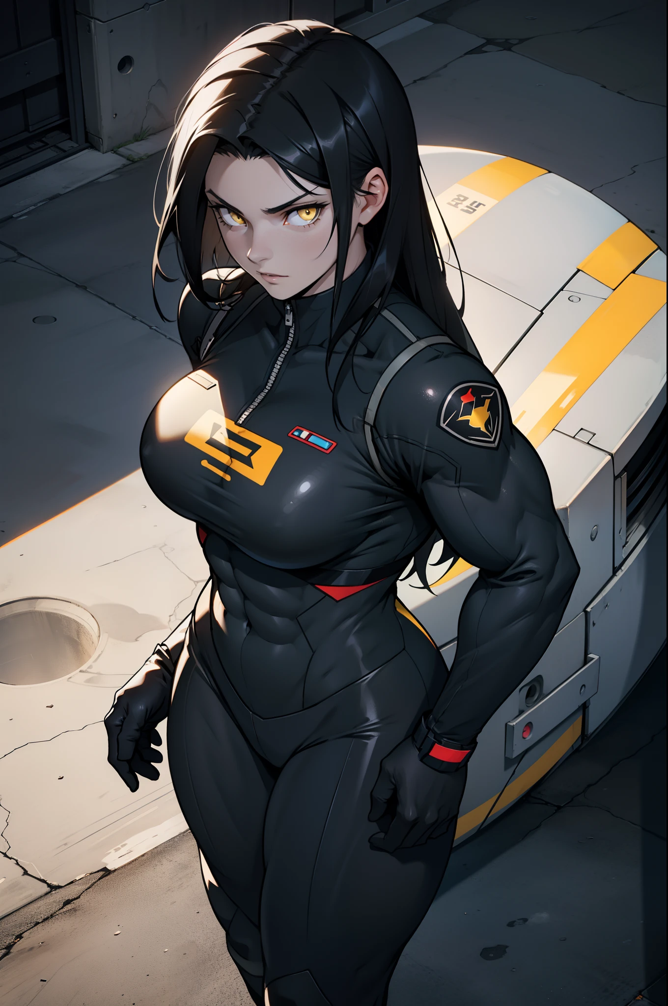 1 girl grey background muscular angry yellow eyes black hair pale skin thick thighs pussy mound pilot suit bodysuit solo standing