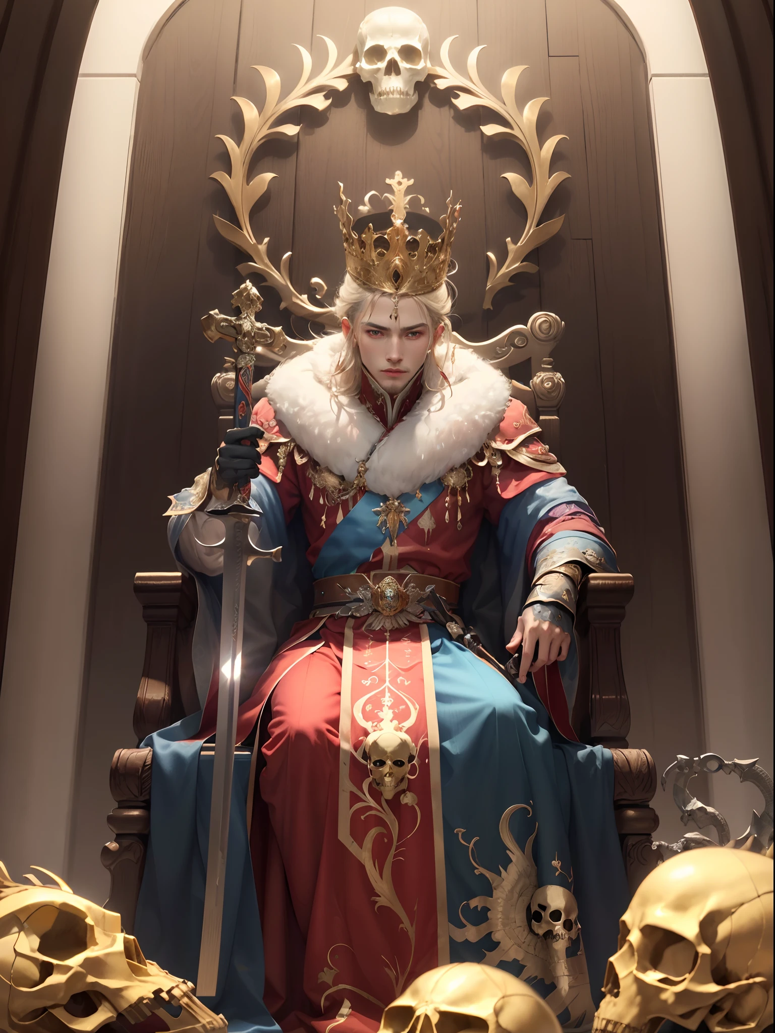Tsar of Russia red clothing Sitting on a throne Holding a sword in one hand Wearing a golden laurel crown Holding a skull in one hand