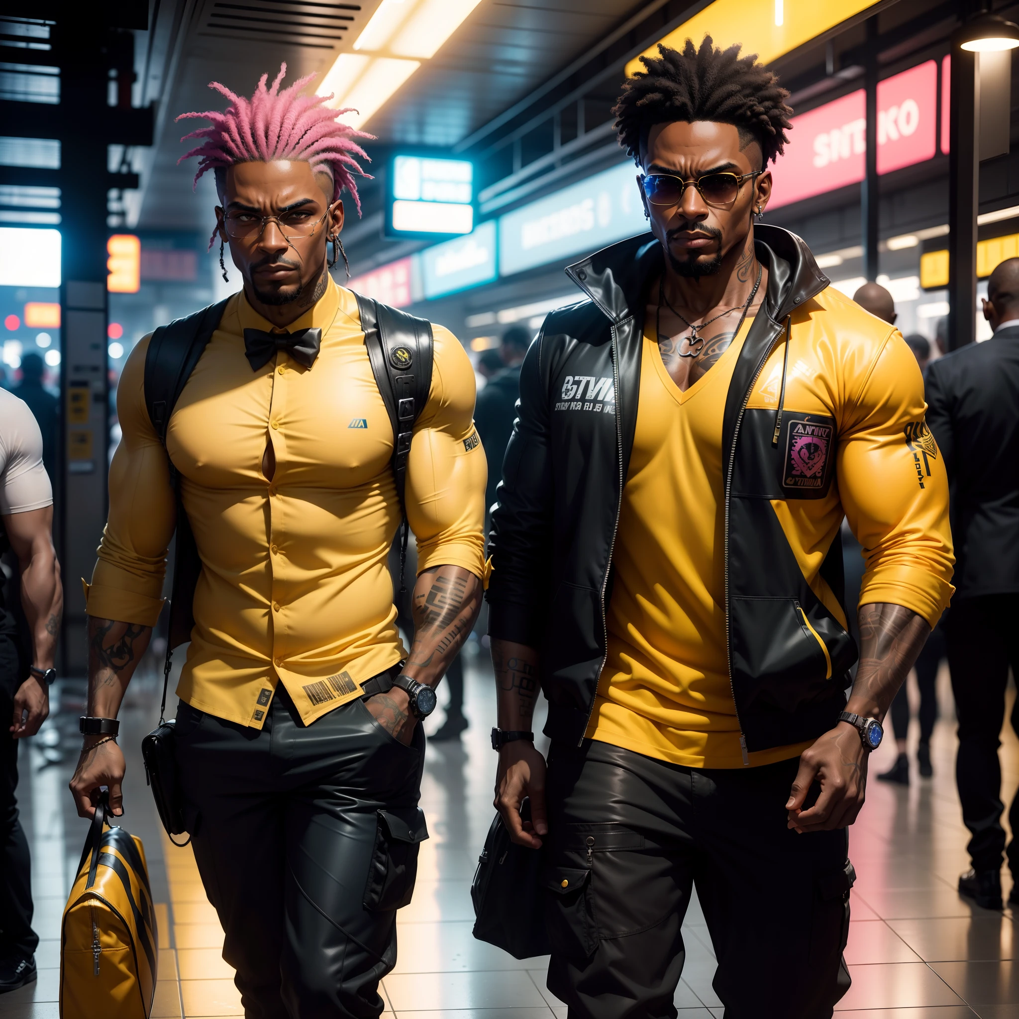 I'd like a cyberpunk style image in 4k average photo of three black characters ,40 anos de idade, africano, forte, musculoso, de pele negra ,com cabelo punk estilo anos 80 na cor amarelo e cinza escuro,muito eLegante,, futurista e estiloso neon , com uma tatuagem super colorida e com neon ,Toattoo, facing a metro station on the platform , with station lights failing in a dimly lit environment, standing dressed in a dark yellow suit with a pink bow tie and baggy shirt.