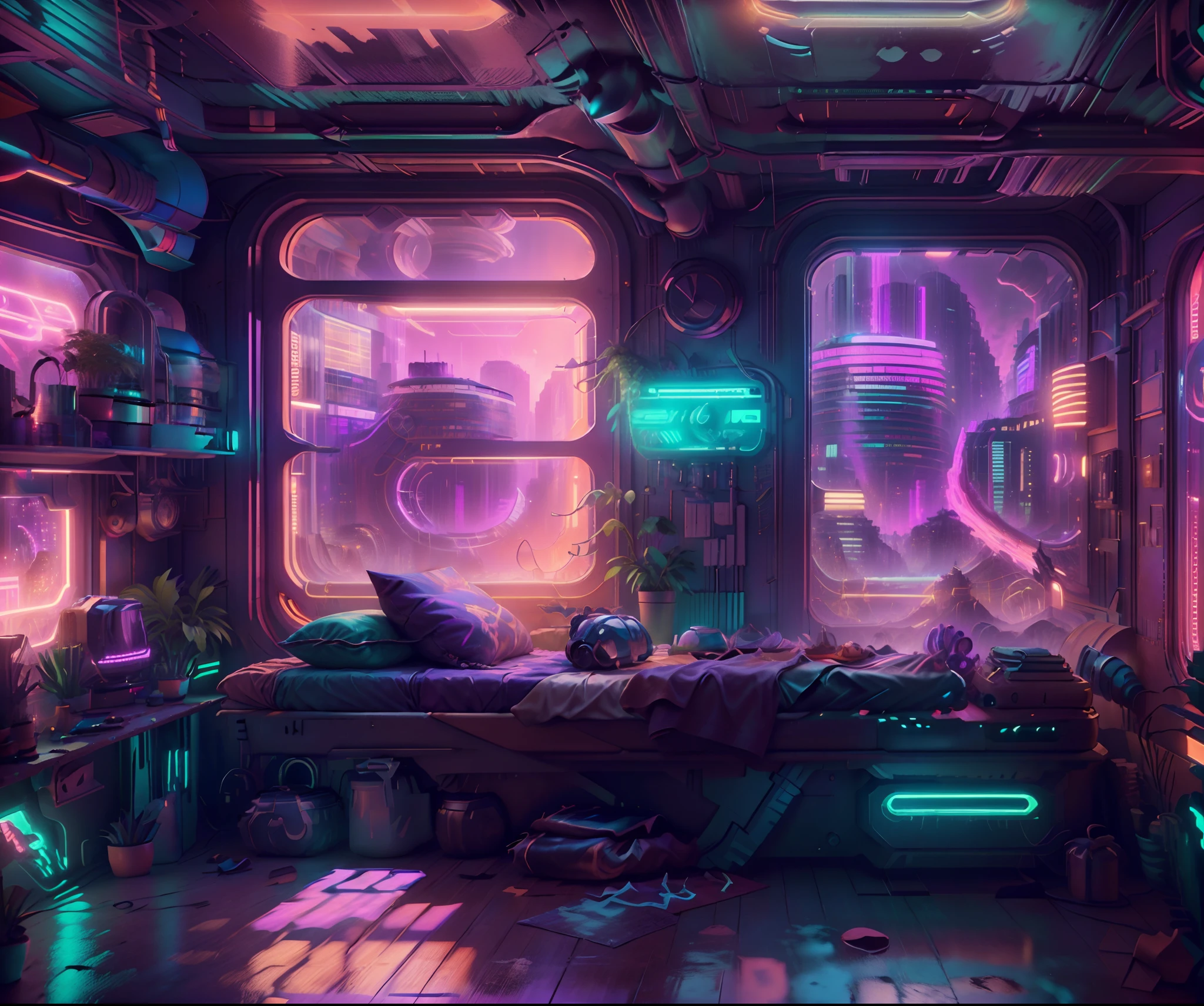 ((masterpiece)), (ultra-detailed), (intricate details), (high resolution CGI artwork 8k), Create an image of a small realistic antique (bedroom) at nighttime with warm and pastel coloring and light. One of the walls should feature a big window with a busy, colorful, and detailed (cyberpunk), synthwave, neon cityscape. The city should have a futuristic style with lots of colors, neon lights, signs, and differently-sized buildings. The cityscape should be extremely detailed with depth of field. The city should have a lot of visual interest with many small details. Utilize atmospheric and ambient lighting to create depth and evoke the feel of a busy futuristic city outside the window. Pay close attention to details like intricate, hires eyes and 90s bedroom accents. Camera: wide shot showing the bed or desk and the window. The window should be the focal point of the image. Lighting: use atmospheric and volumetric lighting to enhance the cityscape details. The room should be illuminated by the neon lights from the cityscape.