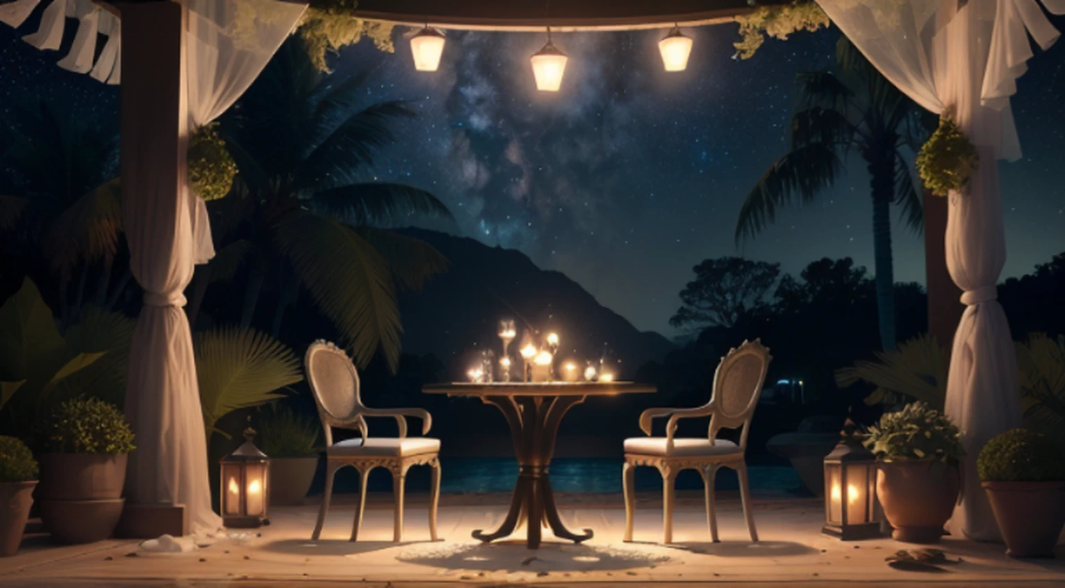 ((master part)) imagem de uma cena de resort privado,( Pouca luz), night sky full of stars and moon,((luminação)) Fadas pendurando luzes no jardim do resort, (( romantic theme)), (Pequeno resort privado estilo boho) , , bela mesa de jantar da noite da vela , There is a small decoration of candles in ((O Jardim)), (Beautiful resorts with romantic dining table ), ((detalhar tudo)) ((pequenos detalhes)), (luz suspensa) planta hera decorar o jardim pequeno {water decoration}, inspirado em seni ou artista ambiental, ((resort moderno)), ((Boho-style resort with romantic evening candlelight dinner)), (detalhes intrincados), ((ultra-HD)) Motor irreal (arte de fantasia), (( Motor irreal)) rendering concept art, ((brilhante )), pictur e capture com cada um (((pequenos detalhes))), ((altamente detalhado))
