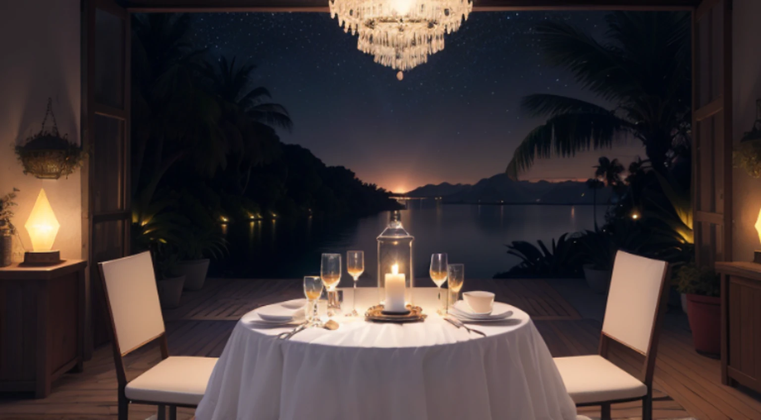 When you wake up in bed in a suite and get up、From the large window, you can see the calm sea with a beautiful sunrise。
Sleeping next to me is a young beauty naked and covered with sheets。
On the table is a heaping pile of fruit and high-quality champagne。
Draw the scene realistically