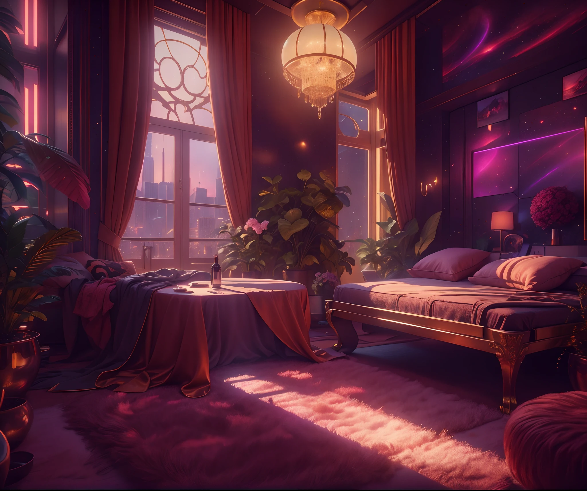((masterpiece)), (ultra-detailed), (intricate details), (high resolution CGI artwork 8k), This artwork emphasizes the contrast between past and future. Create an image of a lady's boudoir from the 17th century. The furniture should be antique, heavy, solid wood with subtle gilded details. The walls have elegant silk wallpaper in (muted colors) and the fabrics are embroidered french silk. The interior of the room should be warm and elegant, with simple royal chateau vibes. The interior of the boudoir should not have saturated colors. One of the walls in the boudoir features a big window. A futuristic cyberpunk 2077 city is visible through the window. It is nighttime. The city is highly detailed with bright neon signs, multiple sizes of buildings and windows, and high visual interest and depth of field. The city has a neon and synthwave aesthetic paired with ethereal fantasy touches. The interior of the boudoir should be gently illuminated with lights from the neon cyberpunk city. The sky should be a highly intricate galaxy background with aurora borealis. Camera: (The window should be the focal point.) Resolution: This is an extremely high resolution image. Pay special attention to enhancing small details and maintaining a pleasing aura.