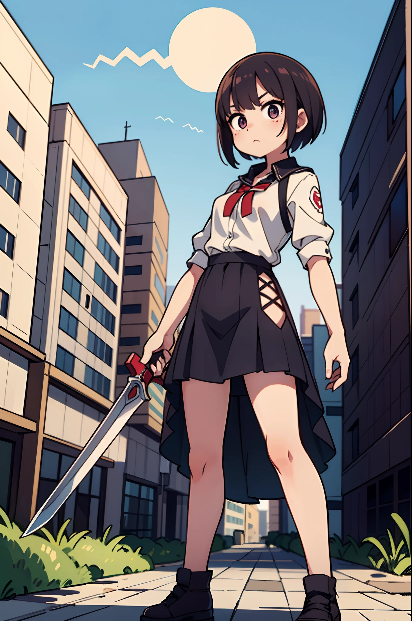 Woman with weapon coming out of body、kawaii、A magic circle appeared above my head and at my feet、Drawing against the background of abandoned buildings