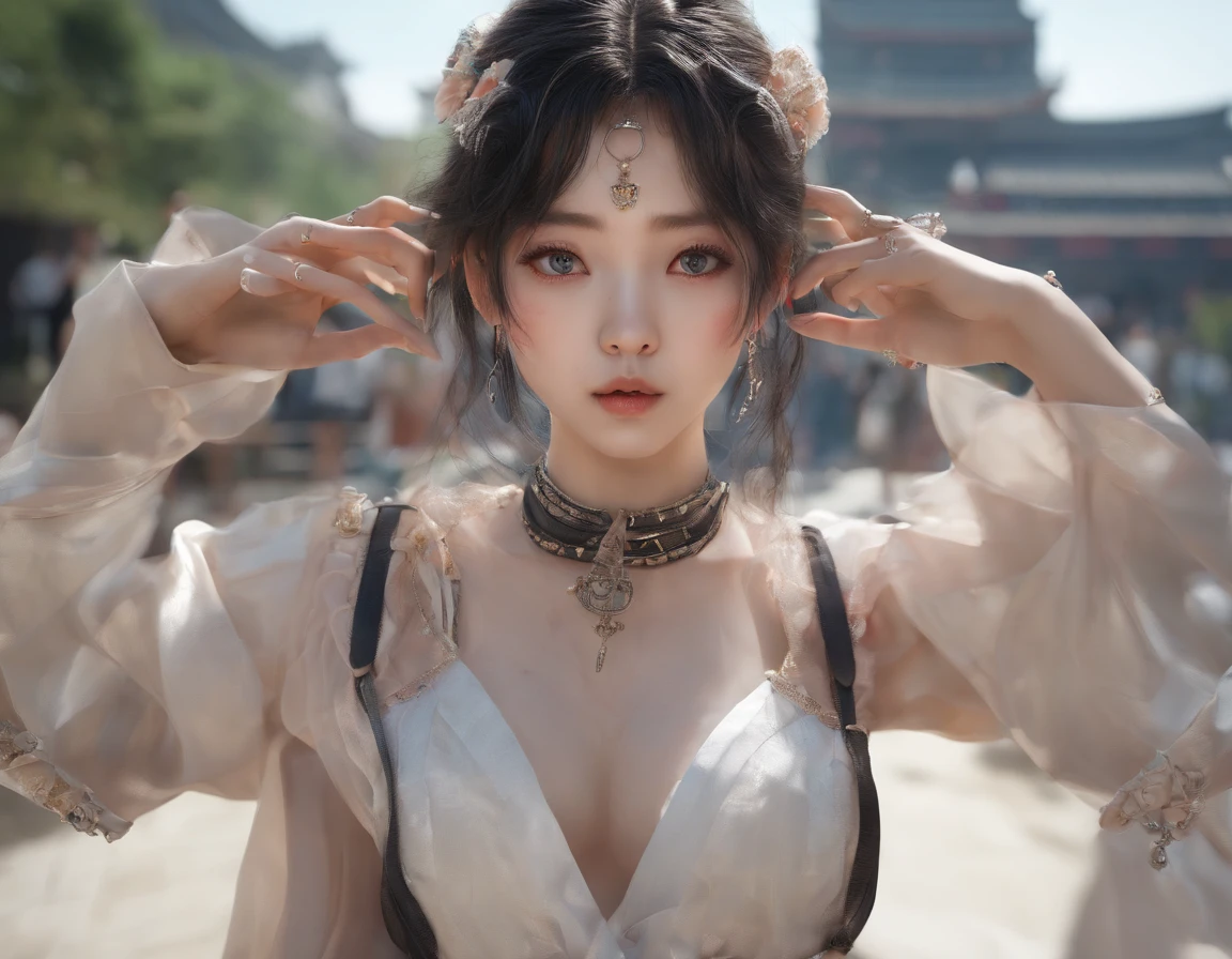 Korean girl, pupils in symbol shapes, Cat ears, anchor choker, entire body image, hair over shoulders, Perfect skin, ahegao, surrealism, Masterpiece