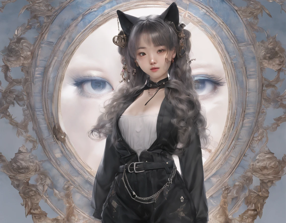 Korean girl, pupils in symbol shapes, Cat ears, anchor choker, entire body image, hair over shoulders, Perfect skin, ahegao, surrealism, Masterpiece