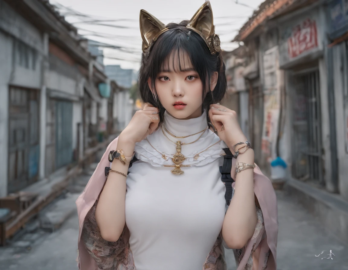 Korean girl, pupils in symbol shapes, Cat ears, anchor choker, entire body image, hair over shoulders, Perfect skin, ahegao, surrealism, Masterpiece