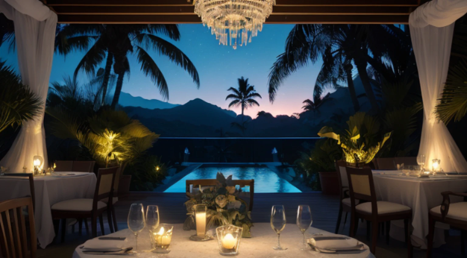 ((master part)) imagem de uma cena de resort privado,( Pouca luz), night sky full of stars and moon,((luminação)) Fadas pendurando luzes no jardim do resort, (( romantic theme)), (Pequeno resort privado estilo boho) , , bela mesa de jantar da noite da vela , There is a small decoration of candles in ((O Jardim)), (Beautiful resorts with romantic dining table ), ((detalhar tudo)) ((pequenos detalhes)), (luz suspensa) planta hera decorar o jardim pequeno {water decoration}, inspirado em seni ou artista ambiental, ((resort moderno)), ((Boho-style resort with romantic evening candlelight dinner)), (detalhes intrincados), ((ultra-HD)) Motor irreal (arte de fantasia), (( Motor irreal)) rendering concept art, ((brilhante )), pictur e capture com cada um (((pequenos detalhes))), ((altamente detalhado))