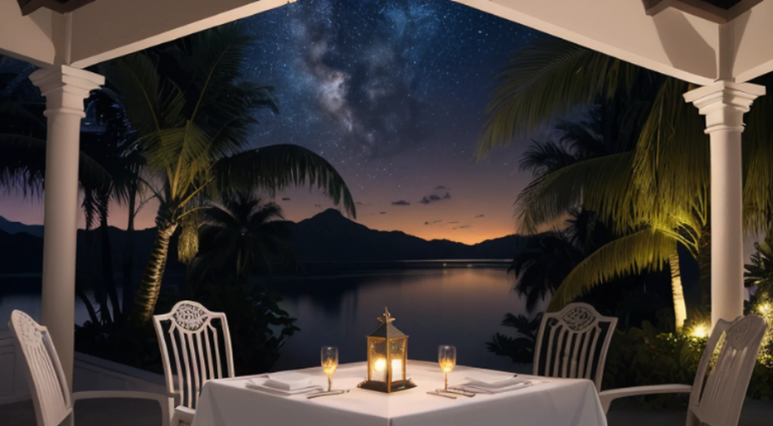 ((master part)) imagem de uma cena de resort privado,( Pouca luz), night sky full of stars and moon,((luminação)) Fadas pendurando luzes no jardim do resort, (( romantic theme)), (Pequeno resort privado estilo boho) , , bela mesa de jantar da noite da vela , There is a small decoration of candles in ((O Jardim)), (Beautiful resorts with romantic dining table ), ((detalhar tudo)) ((pequenos detalhes)), (luz suspensa) planta hera decorar o jardim pequeno {water decoration}, inspirado em seni ou artista ambiental, ((resort moderno)), ((Boho-style resort with romantic evening candlelight dinner)), (detalhes intrincados), ((ultra-HD)) Motor irreal (arte de fantasia), (( Motor irreal)) rendering concept art,  ((brilhante )), pictur e capture com cada um (((pequenos detalhes))), ((altamente detalhado))