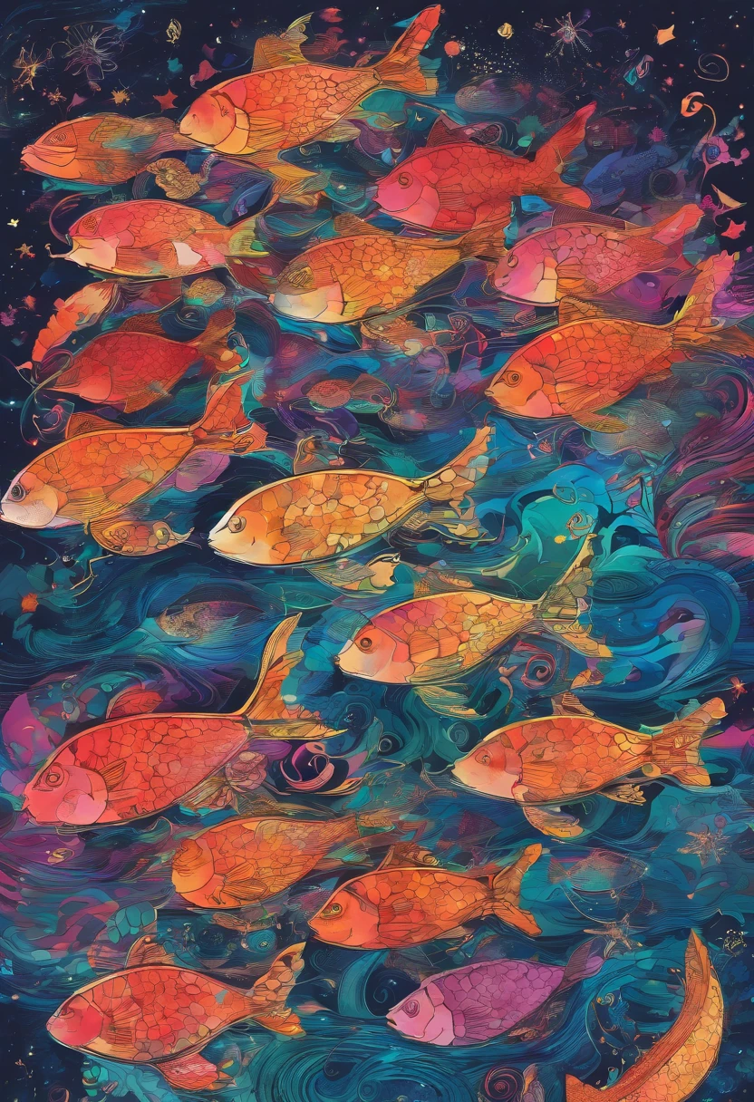 Imagine a school of red fish full of psychedelic colors and pulsating plasma streams. A turtle, diver, floating in the ocean. illustration, dark magic splash, Fantasy art, handpainted, emphasis lighting, Subtle movement effects, Best quality, art-deco, low poly, hyper HD, Golden ratio composition, ((pastelcolor)), (cel-shading style)Extremely saturated image (Saturation 10) inked-art, Bold lines, Illuminated by the stars