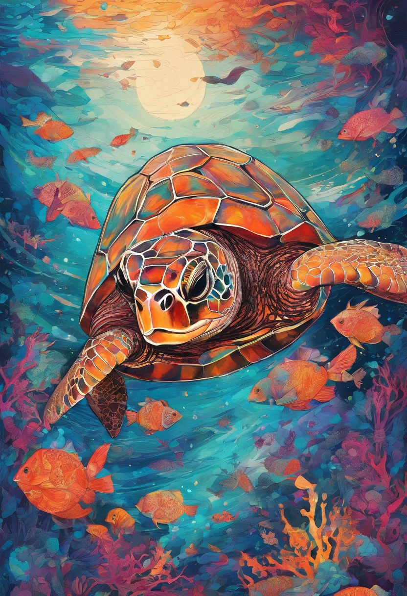 Imagine a school of red fish full of psychedelic colors and pulsating plasma streams. A turtle, diver, floating in the ocean. illustration, dark magic splash, Fantasy art, handpainted, emphasis lighting, Subtle movement effects, Best quality, art-deco, low poly, hyper HD, Golden ratio composition, ((pastelcolor)), (cel-shading style)Extremely saturated image (Saturation 10) inked-art, Bold lines, Illuminated by the stars