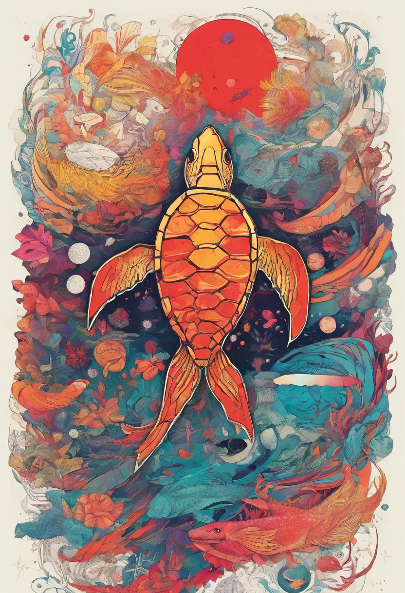 Imagine a school of red fish full of psychedelic colors and pulsating plasma streams. A turtle, diver, floating in the ocean. illustration, dark magic splash, Fantasy art, handpainted, emphasis lighting, Subtle movement effects, Best quality, art-deco, low poly, hyper HD, Golden ratio composition, ((pastelcolor)), (cel-shading style)Extremely saturated image (Saturation 10) inked-art, Bold lines, Illuminated by the stars