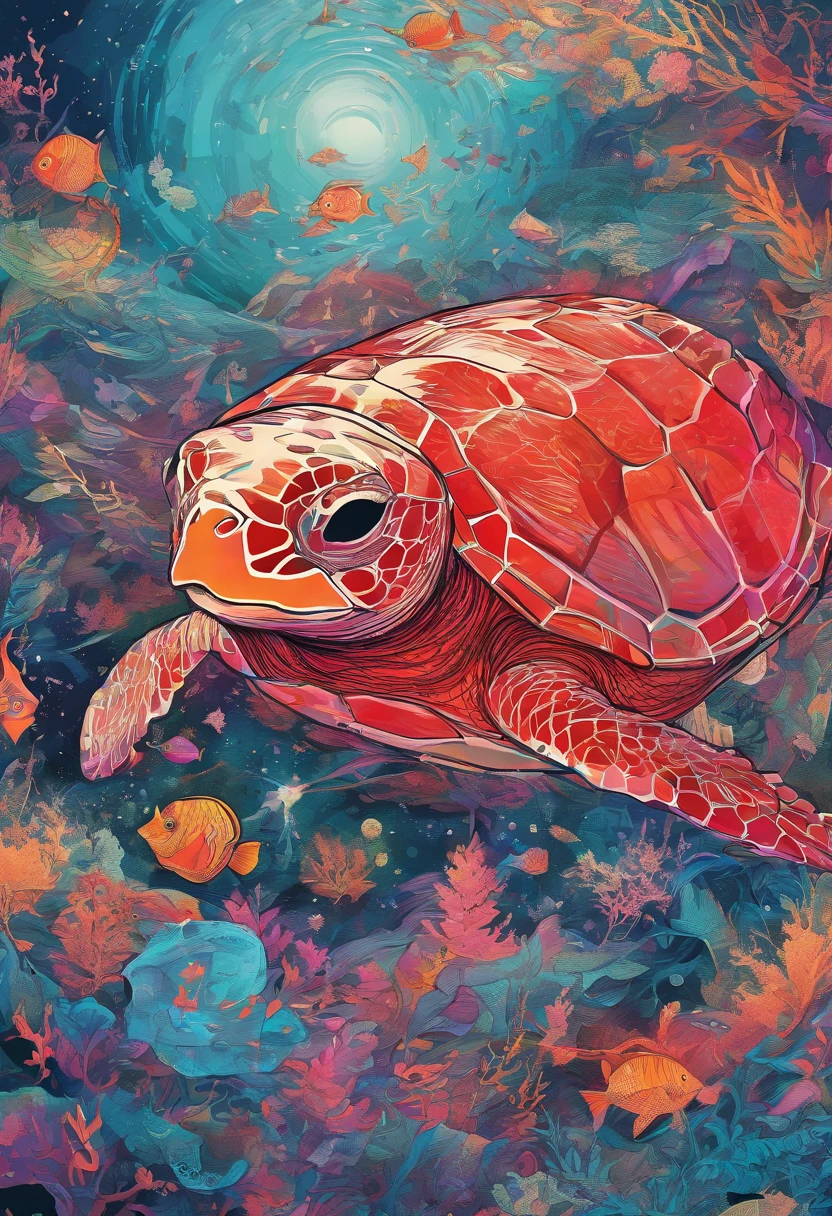 Imagine a school of red fish full of psychedelic colors and pulsating plasma streams. A turtle, diver, floating in the ocean. illustration, dark magic splash, Fantasy art, handpainted, emphasis lighting, Subtle movement effects, Best quality, art-deco, low poly, hyper HD, Golden ratio composition, ((pastelcolor)), (cel-shading style)Extremely saturated image (Saturation 10) inked-art, Bold lines, Illuminated by the stars