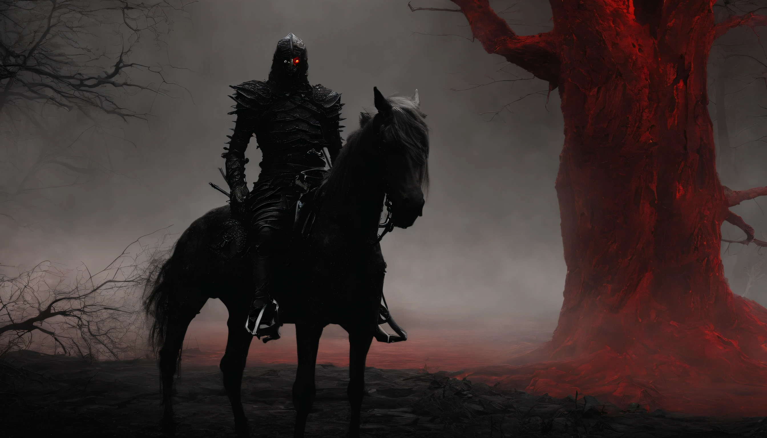 Undead terror knights in the distance,Riding black(Red-eyed zombie horse:1.5),The background is pitch black wilderness,Nearby, there were several dried corpses hanging from a dead tree,(themoon),horror atmosphere,4K,best qualtiy,primitive,((Ultra-detailed and high-precision details)),photore,Authentic texture,((red color eyes:1.5))