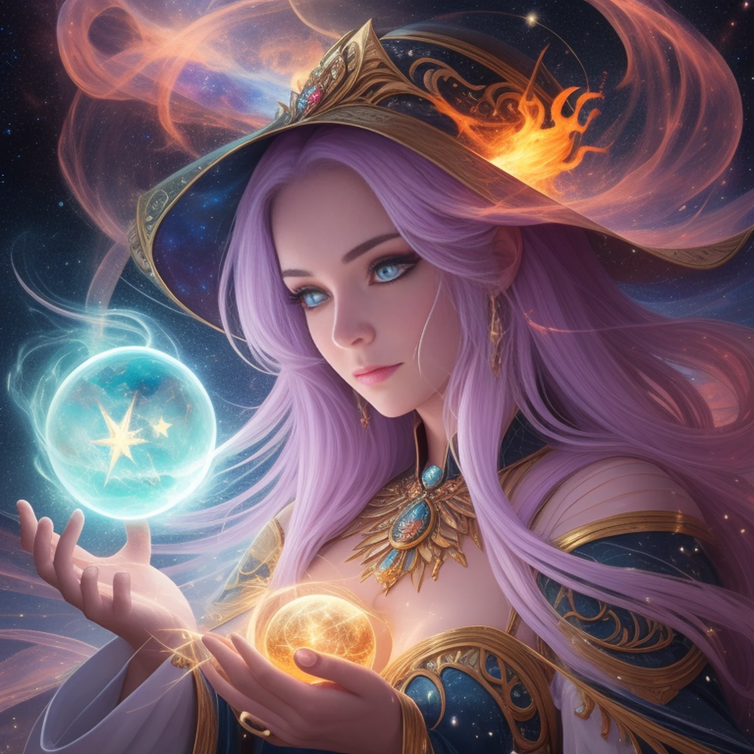 um close up de uma mulher segurando uma esfera brilhante em um quarto escuro, Mago Celestial Lindo, astral ethereal, spell casting wizard, estilo de arte de fantasia, A female sorceress holding the universe, sorcerer magic witch, astral appearance, holy fire spell art, mago da fantasia, galactic deity, an arcane wizard casting a spell