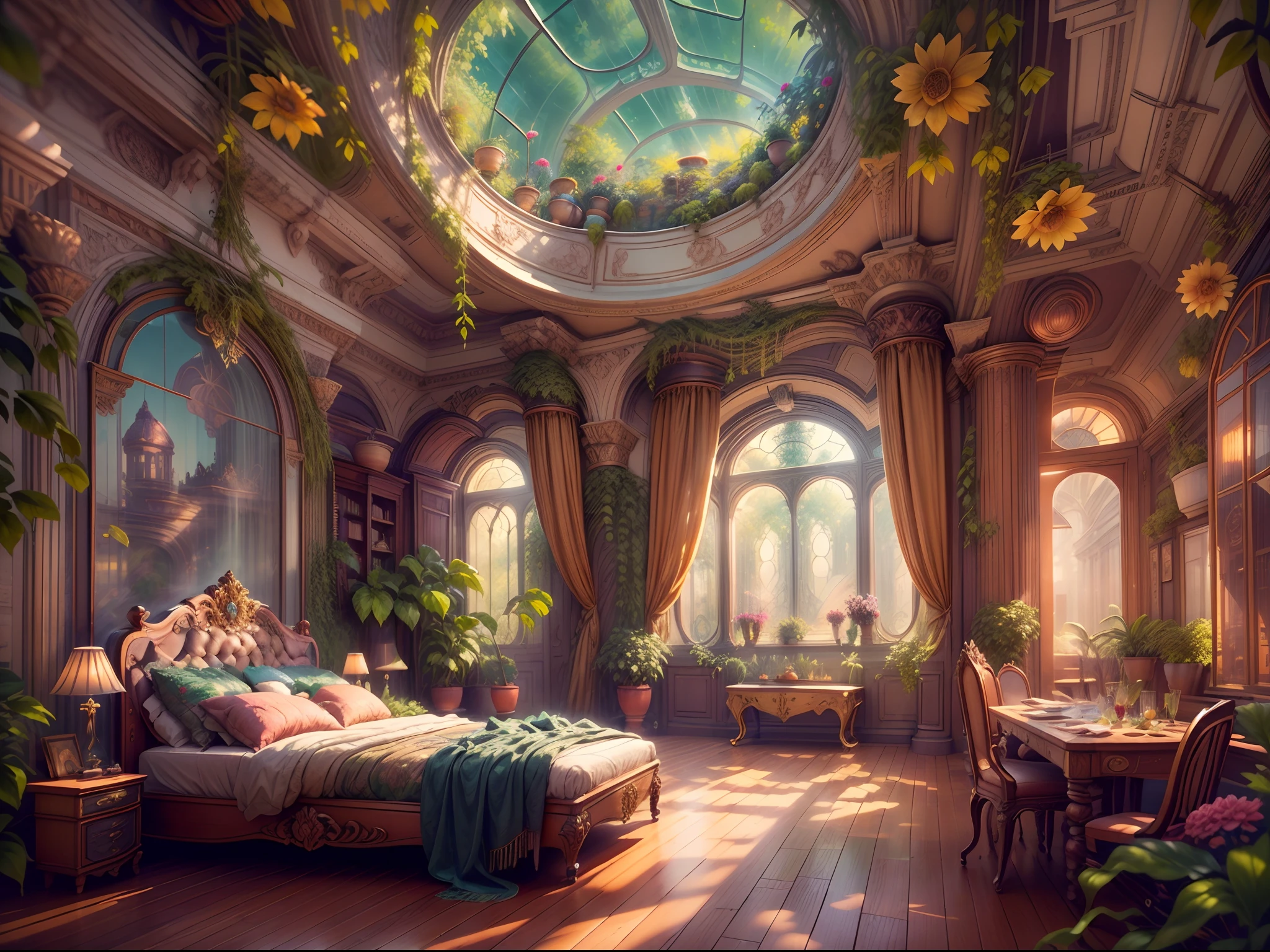 Solarpunk Dreamscape: The Royal Botanical Sanctuary | Generate an ornate botanical bedroom in the style of Versailles in a solarpunk world. There is a giant historical window in the bedroom. The giant French historical window is adorned with intricate carvings and dominates one wall. Through the massive window, a colorful and intricate solarpunk cityscape is visible. The cityscape is bustling and interesting, with many small details and high visual interest. The bedroom is peaceful, with many elegant flowers and flowered ivy among the rich silk fabric and hardwood floor. Take inspiration from rooftop gardens, royal french gardens, beautiful rose gardens, and whimsical fantasy. Include beautiful fantasy details and touches, including fantasy water, books, 3D touches, and delicate tendrils of ivy. Camera: Utilize innovative lighting techniques to emphasize the realism and beauty of the image. Delicate flower petals from floating flowers dance through the air. Utilize dynamic composition to create a compelling image.