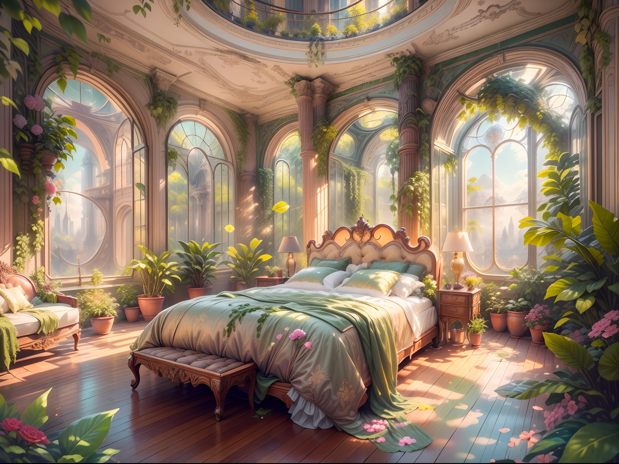 Solarpunk Dreamscape: The Royal Botanical Sanctuary | Generate an ornate botanical bedroom in the style of Versailles in a solarpunk world. There is a giant historical window in the bedroom. The giant French historical window is adorned with intricate carvings and dominates one wall. Through the massive window, a colorful and intricate solarpunk cityscape is visible. The cityscape is bustling and interesting, with many small details and high visual interest. The bedroom is peaceful, with many elegant flowers and flowered ivy among the rich silk fabric and hardwood floor. Take inspiration from rooftop gardens, royal french gardens, beautiful rose gardens, and whimsical fantasy. Include beautiful fantasy details and touches, including fantasy water, books, 3D touches, and delicate tendrils of ivy. Camera: Utilize innovative lighting techniques to emphasize the realism and beauty of the image. Delicate flower petals from floating flowers dance through the air. Utilize dynamic composition to create a compelling image.