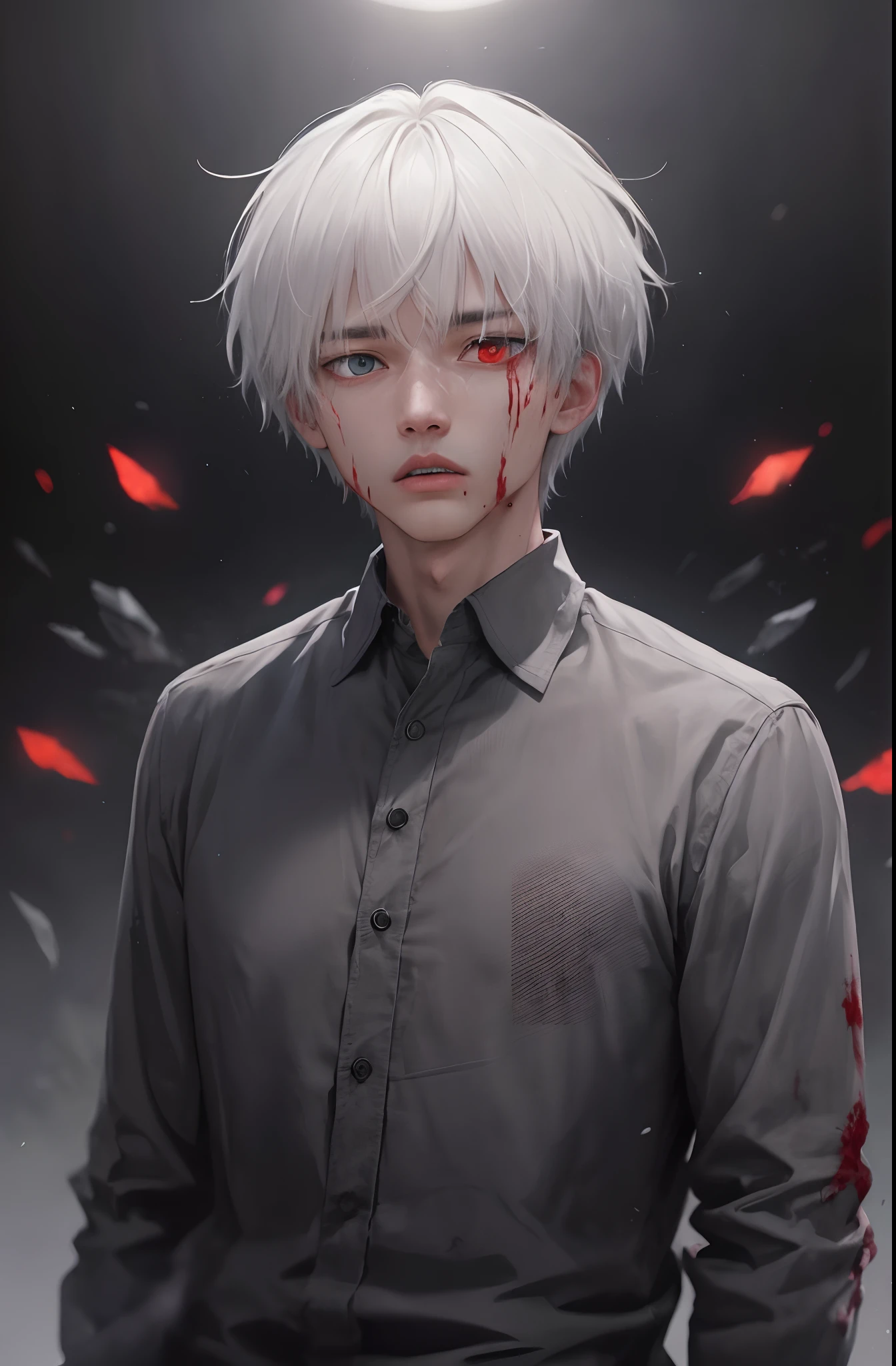 kk, best quality, more details, masterpiece, kaneki ken, 1boy, male focus, solo, heterochromia, black background, bangs, red eyes, grey eye, short hair, shirt, hand up, white hair, collared shirt, nail polish, black shirt, parted lips, looking at viewer, upper body, teeth, black nails, luxurious, 8k, detailed, ray tracing, depth of field, cinematic lighting, blood,