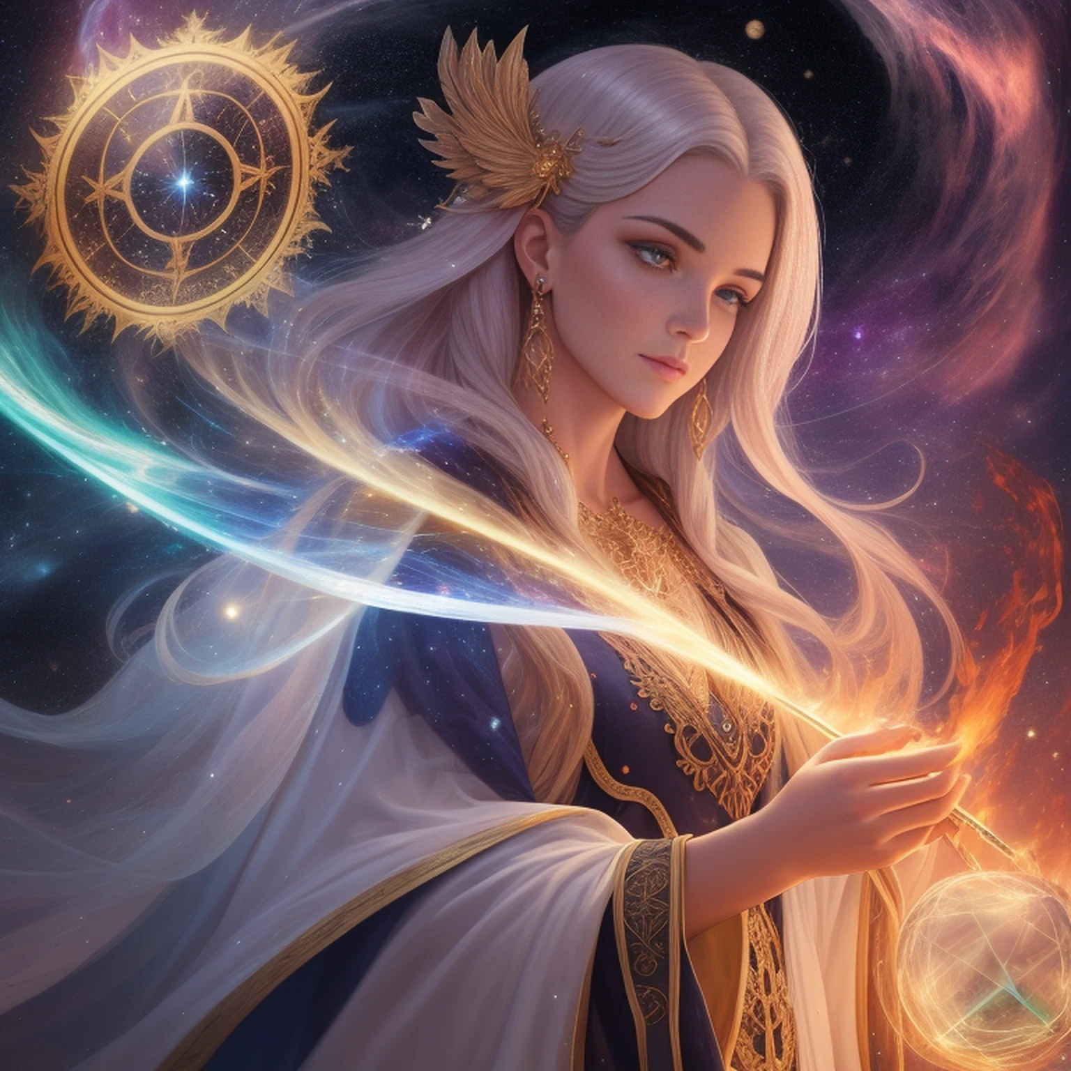 um close up de uma mulher segurando uma esfera brilhante em um quarto escuro, Mago Celestial Lindo, astral ethereal, spell casting wizard, estilo de arte de fantasia, A female sorceress holding the universe, sorcerer magic witch, astral appearance, holy fire spell art, mago da fantasia, galactic deity, an arcane wizard casting a spell