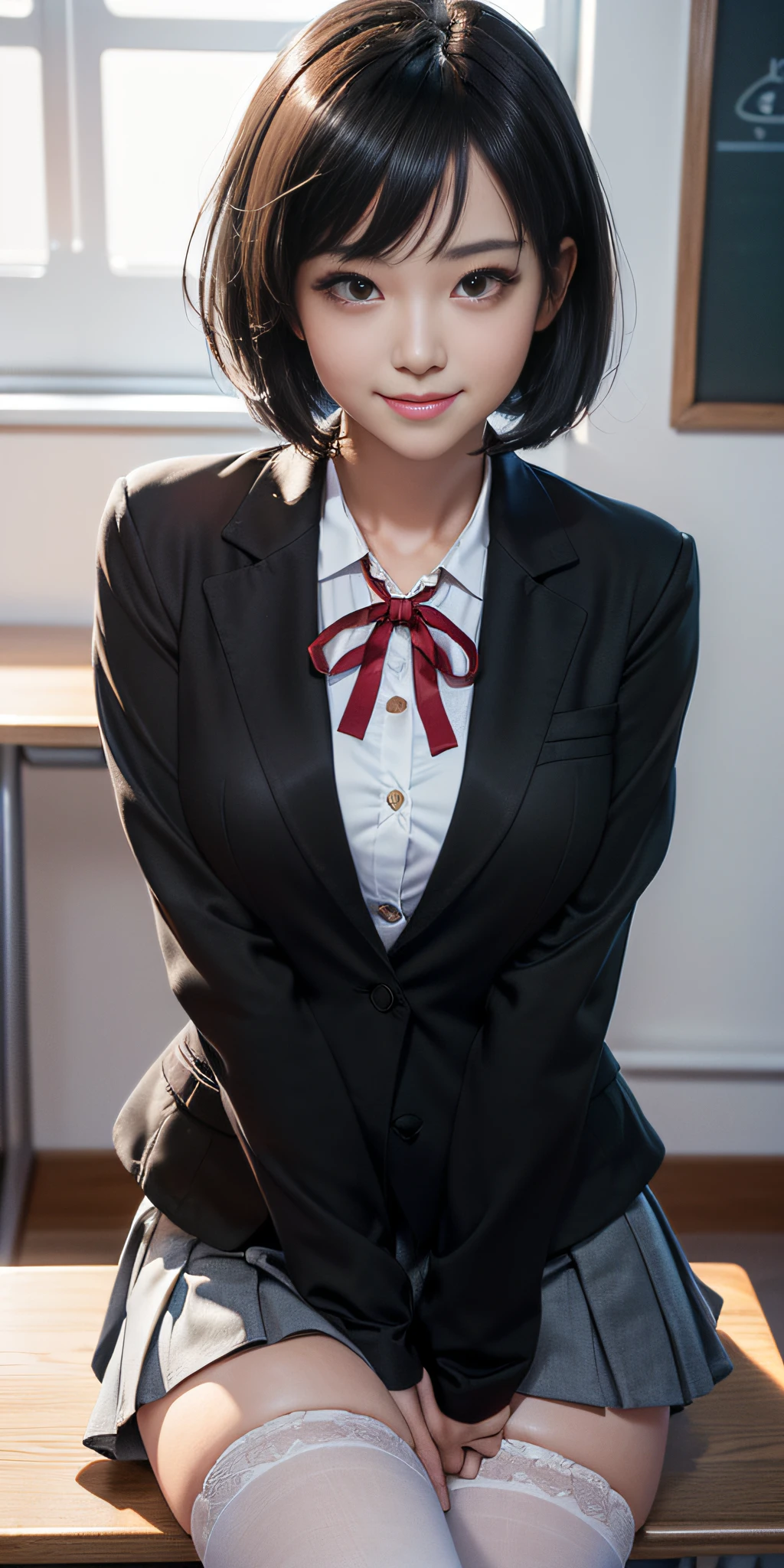 realistic woman, (aegyo sal: 1), 18 years old girl, (gray blazer, ribbon, short folded miniskirt, stockings, private school uniform: 1.2), high school classroom, beautiful detail in the eyes, (eye size: 3 /4) light on the face, ((full shot photo)), especially strong back side light, (upper eyes, smiling smile: 1.2), shiny skin, (((black hair, bob hair: 1.2))), ( beautiful thighs), ulzzang-6500-v1.1: 0.2, bashful, (flash: 1.2), NSFW, ((seductive posture: 1.2, attractiveness: 1.2)), (idle), (sitting at a desk in the classroom: 1.2)), ((good anatomy: 1.2)), ((bright and refreshing classroom, blurred background: 1.2)), perfect face, cute and symmetrical face, (High Angle Shot: 1.2)s.,((RAW photos, superior quality, masterpieces), High Definition RAW color photos professional close-up photos, (realistic, photorealism: 1.37), (highest quality), (best shadows), (best illustrations), ((erotic, sexy, ultra-high -resolution, HD Unified CG Wallpapers, Physical representation, movie lighting), Canon EOS R50 camera 50mm lens