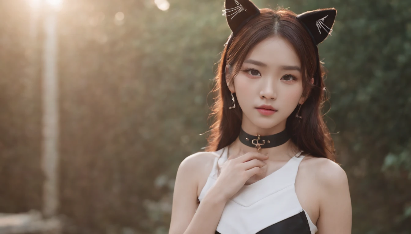 Korean girl, pupils in symbol shapes, Cat ears, anchor choker, entire body image, hair over shoulders, Perfect skin, ahegao, surrealism, Masterpiece