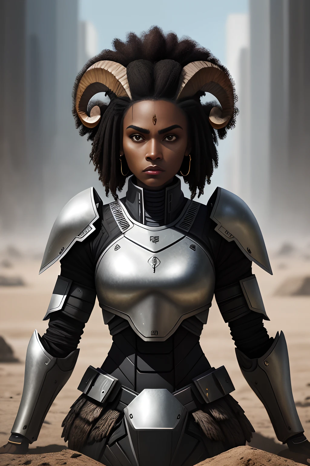 black woman warrior portrait, half ram, half woman, futuristic, full brown and gray body armor, on the ground