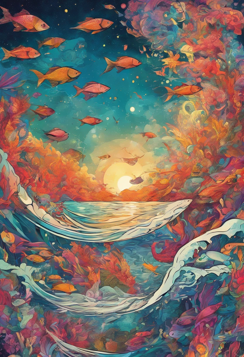 ((Imagine a school of red fish full of psychedelic colors and pulsating plasma streams.))diver, floating in the ocean. illustration, dark magic splash, Fantasy art, handpainted, emphasis lighting, Subtle movement effects, Best quality, art-deco, low poly, hyper HD, Golden ratio composition, ((pastelcolor)), (cel-shading style)Extremely saturated image (Saturation 10) inked-art, Bold lines, Illuminated by the stars