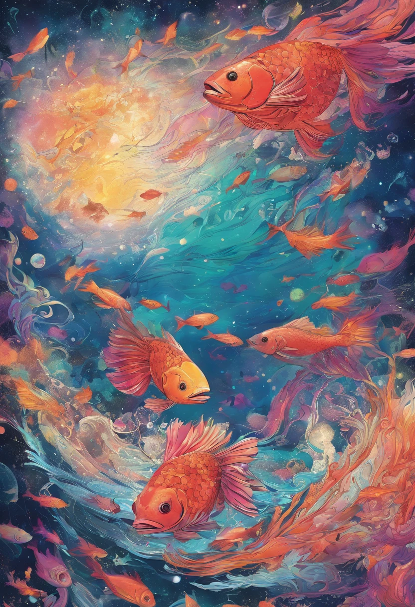 ((Imagine a school of red fish full of psychedelic colors and pulsating plasma streams.))diver, floating in the ocean. illustration, dark magic splash, Fantasy art, handpainted, emphasis lighting, Subtle movement effects, Best quality, art-deco, low poly, hyper HD, Golden ratio composition, ((pastelcolor)), (cel-shading style)Extremely saturated image (Saturation 10) inked-art, Bold lines, Illuminated by the stars