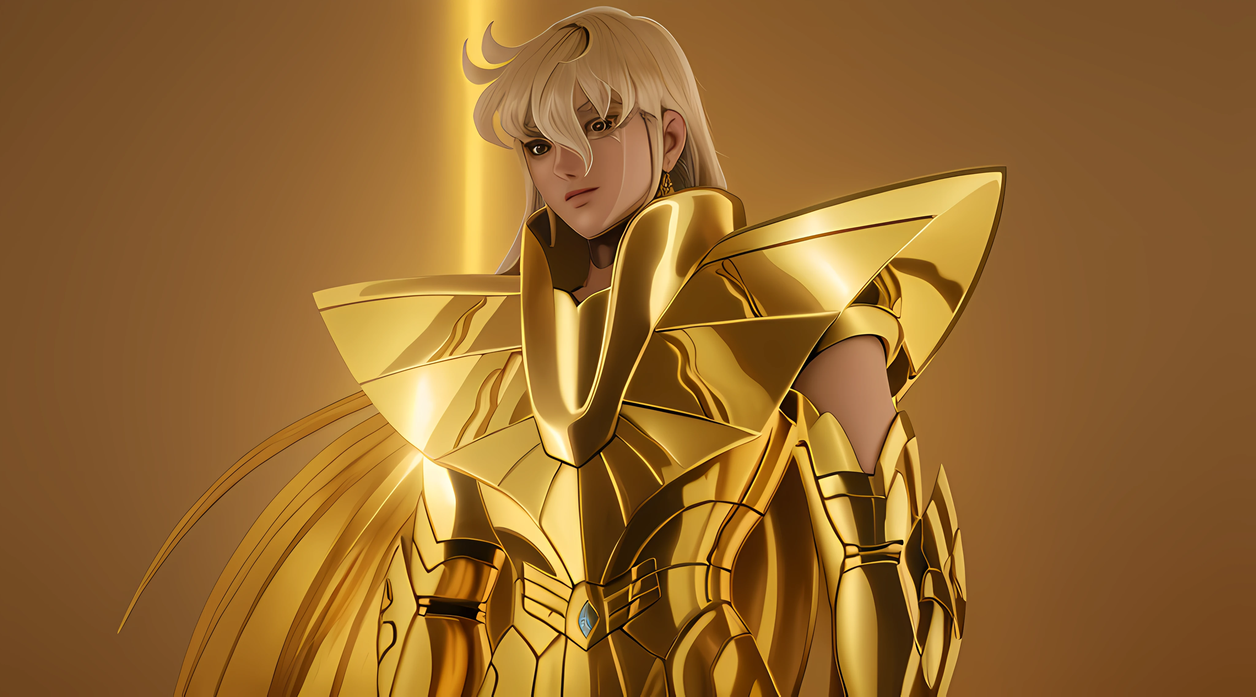Cavaleiro de ouro, Shaka de Virgem, armadura de ouro, cabelos loiros naturais, cosmo energia, detalhes, fidelidade, alta resolução, 8k, realista, aspecto humano
