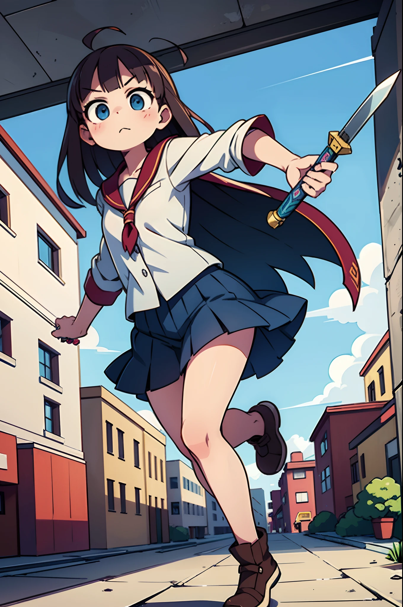 Woman with weapon coming out of body、kawaii、A magic circle appeared above my head and at my feet、Drawing against the background of abandoned buildings