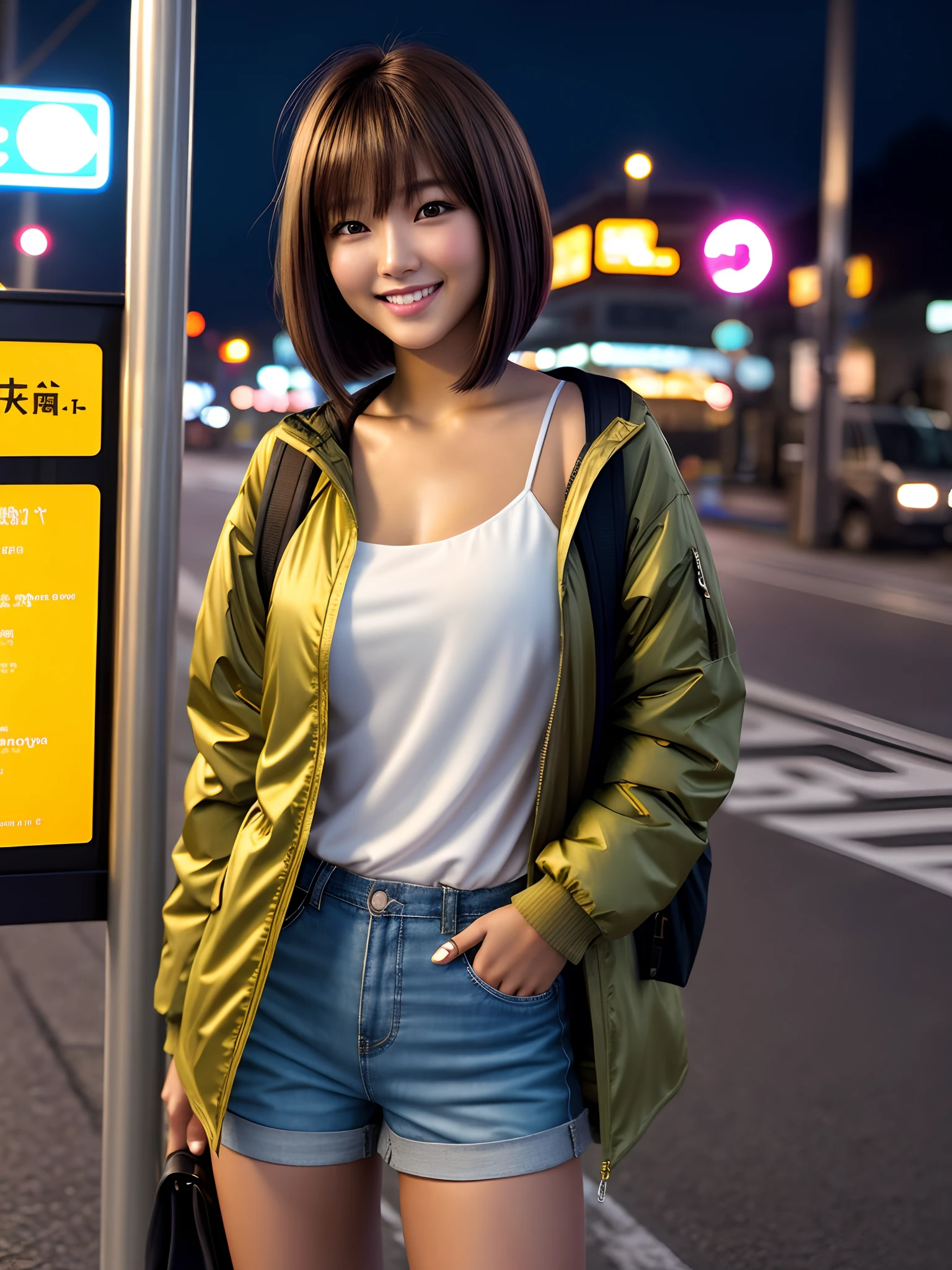 product quality, 1 girl, a cowboy shot, front view, a Japanese young pretty girl, bob hair, glamorous figure, wearing a parka over a satin yellow camisole, short pants, standing by a bus stop in the big city with a big smile, in the night, carrying a rucksack, hyper cute face, glossy lips, double eyelids for both eyes, natural makeup, shiny smooth light brown bob hair, asymmetrical bangs, tanned skin, central image, high resolution, high detailing, detailed hairstyle, detailed face, cinematic lighting, octane rendering, vibrant, hyper realisitic, perfect limbs, perfect anatomy