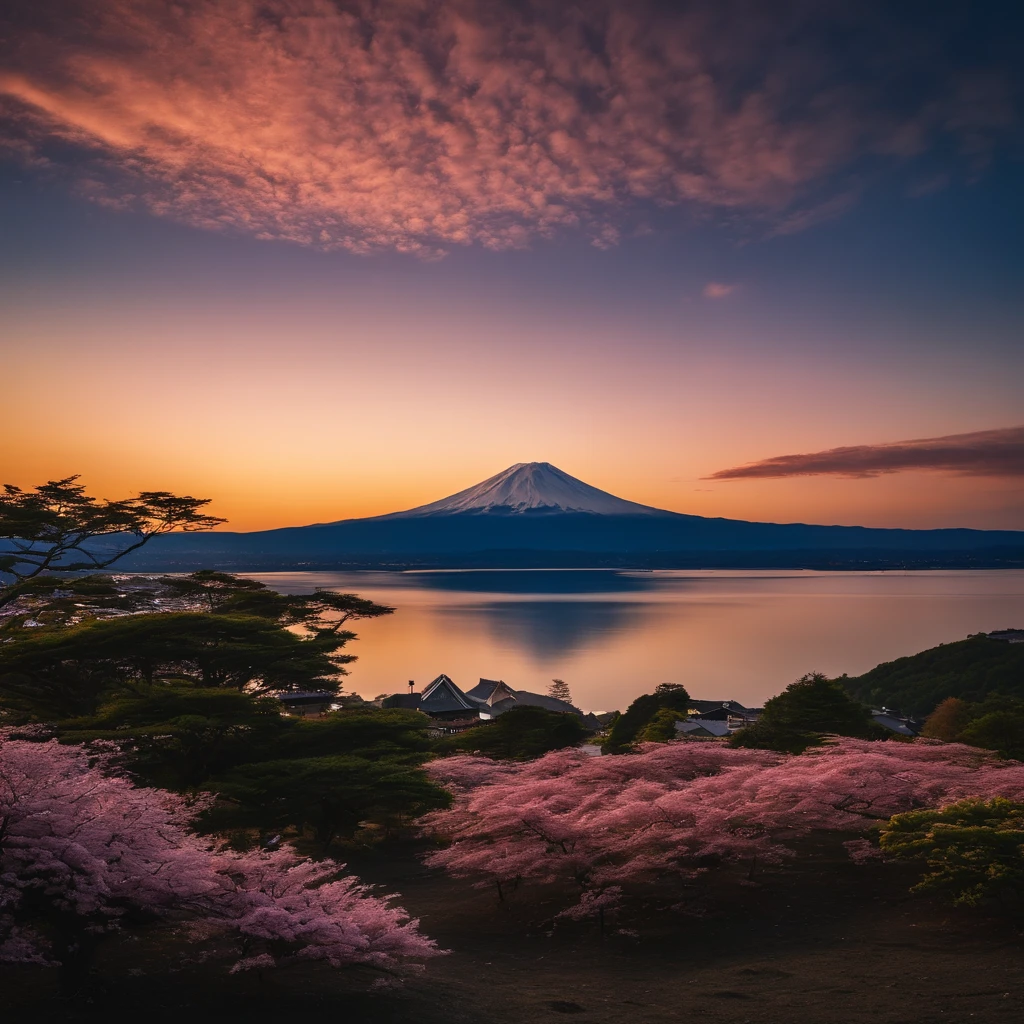 Master Parts、Superior Quality、superior image quality、The 8k quality、Beautiful pictures of the starry sky、magnifica、(Mt fuji:1.25)、dramatic cloud:1.5、Evening glow:1.9