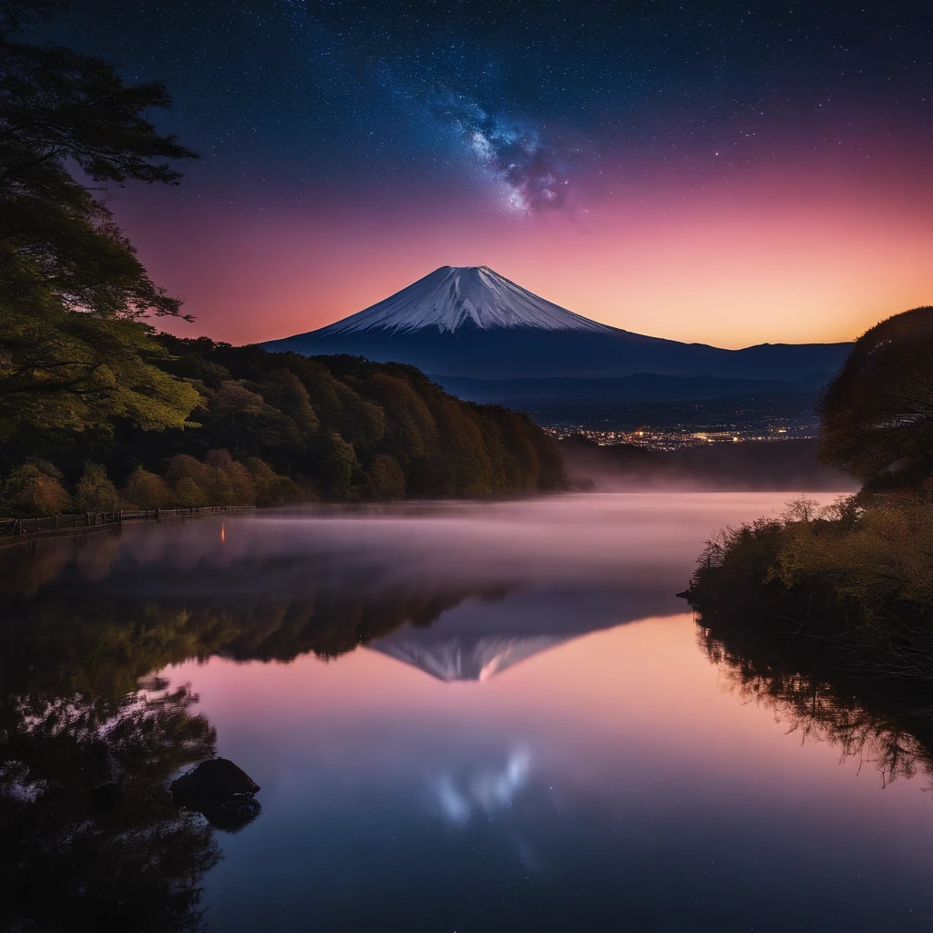 Master Parts、Superior Quality、superior image quality、The 8k quality、Beautiful pictures of the starry sky、magnifica、(Mt fuji:1.25)、dramatic cloud:1.5、Evening glow:1.9