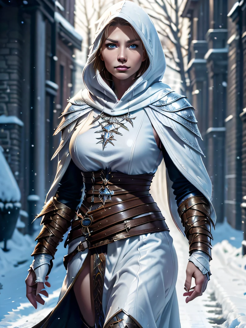（top-quality、high detailing）、4/5 shots、Portrait of a 40-year-old adult female Viking、tall、Strong physique、the perfect body、Thighs with raised muscles、Silver warrior armor with fur collar、(((Wearing a white hood)))、Carrying a big sword on your back、Focus on the face、Calm look、Big blue eyes、Detailed face and eyes、Sharp eyes、Golden Shorthair、Walking slowly towards us、Detailed hand depiction、Winter morning、Oyuki、Snow-covered roads、Medieval city gate behind、Fantasyart、dark fantasy vibe、Combat stance、Dynamic action