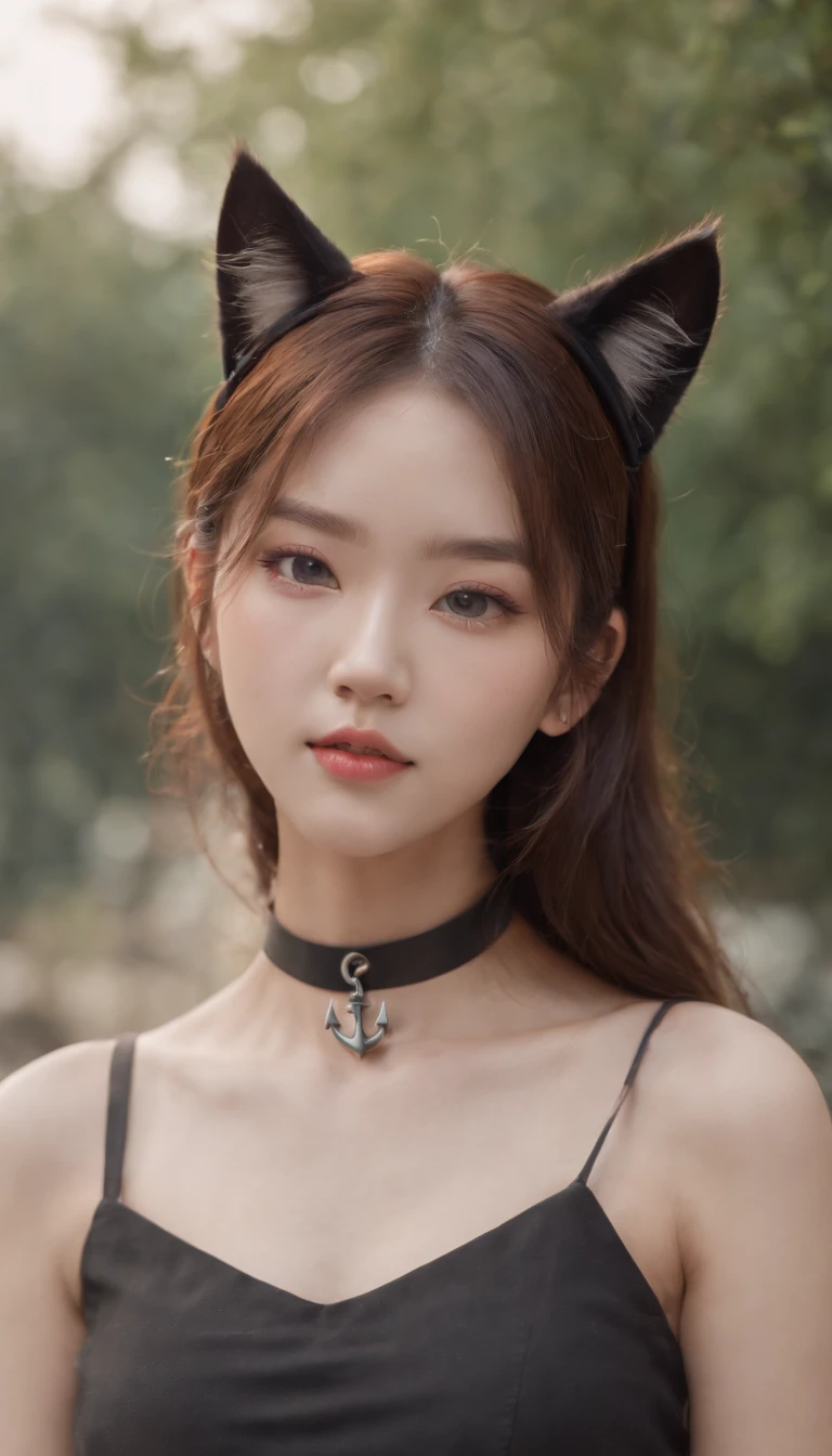 Korean girl, pupils in symbol shapes, Cat ears, anchor choker, entire body image, hair over shoulders, Perfect skin, ahegao, surrealism, Masterpiece
