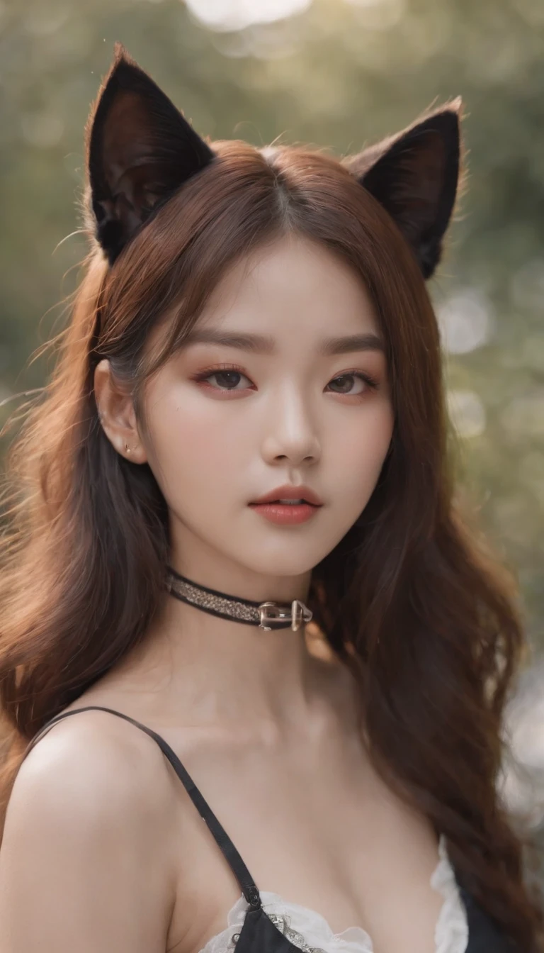 Korean girl, pupils in symbol shapes, Cat ears, anchor choker, entire body image, hair over shoulders, Perfect skin, ahegao, surrealism, Masterpiece